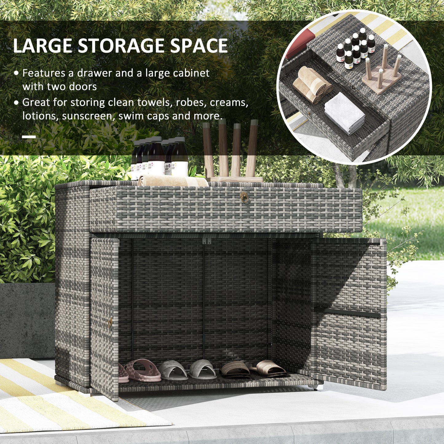 Coolbibila Outdoor Towel Rack & Pool Toy Cabinet, Hot Tub Accessory Storage, Freestanding PE Rattan Wicker Cabinet with Drawer