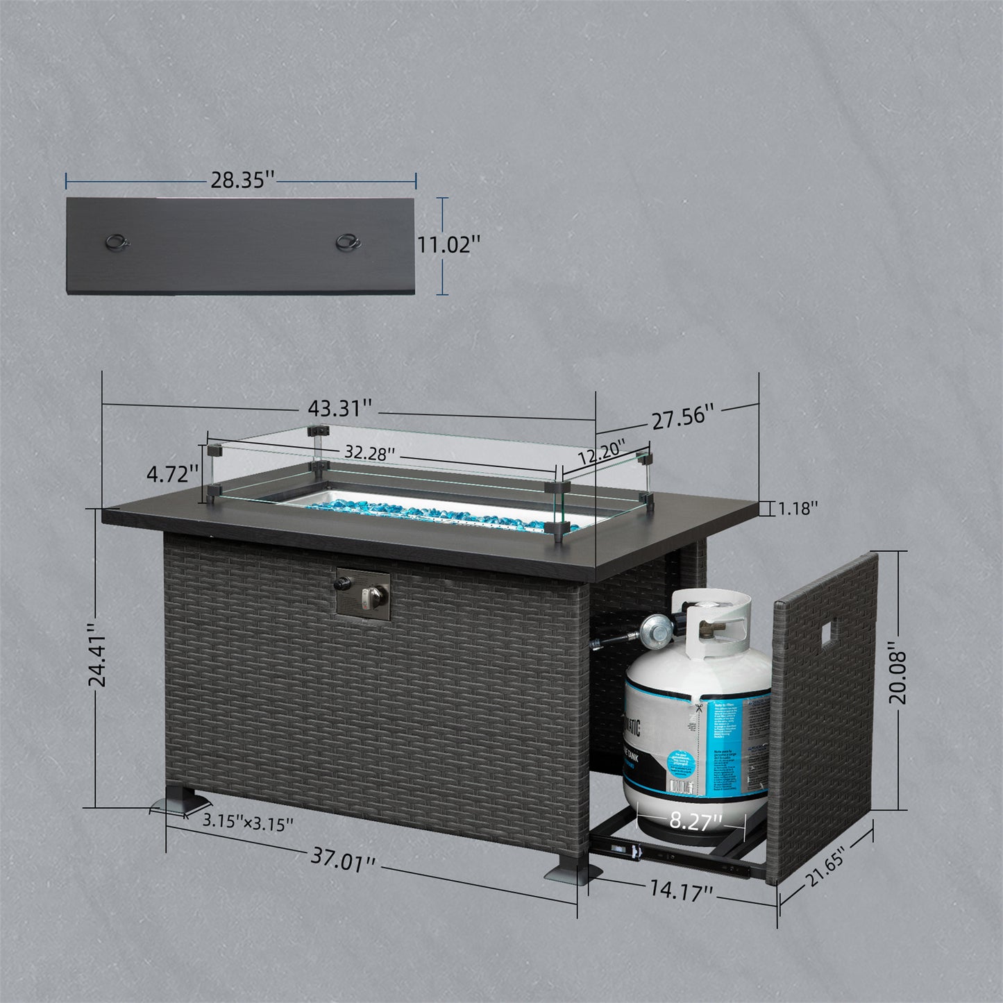 Coolbibila 43.3 Inch with Glass Wind Guard, 50,000 BTU Smokeless Fire Pits for Outside,Outdoor Wicker Gas Fire Pits for Patio