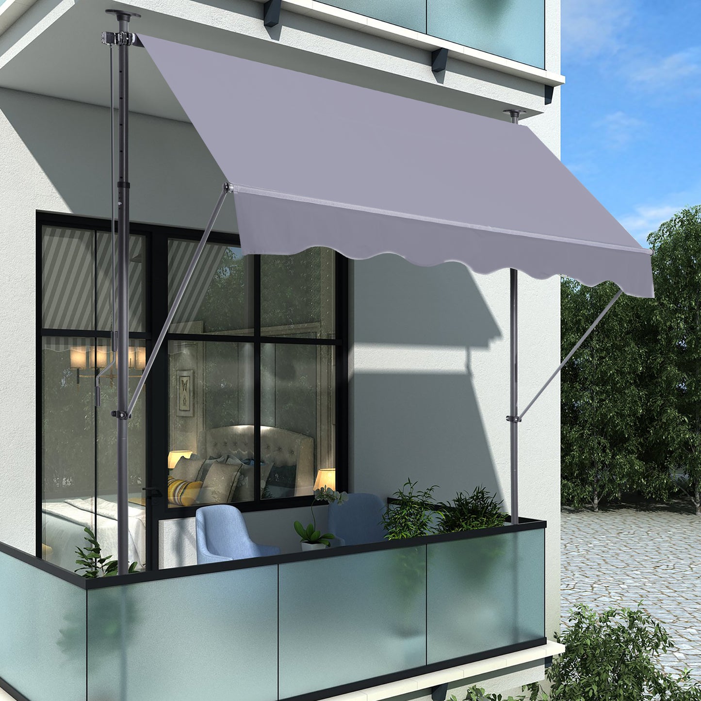 Manual Retractable Awning-118'' Non-Screw Outdoor Sun Shade Cover with UV Protection – 100% Polyester Made Outdoor Canopy Adjustable Patio Door Window Awning Canopy Sun Shade Curtain for Backyard,Gay WL