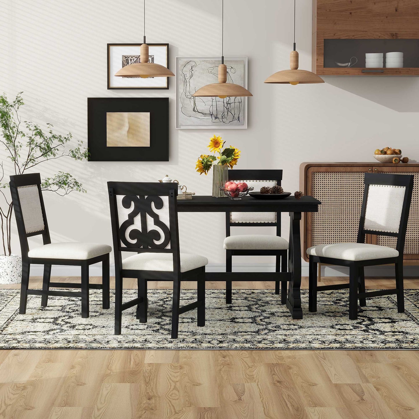 Coolbibila 5-Piece Retro Dining Set, Rectangular Wooden Dining Table