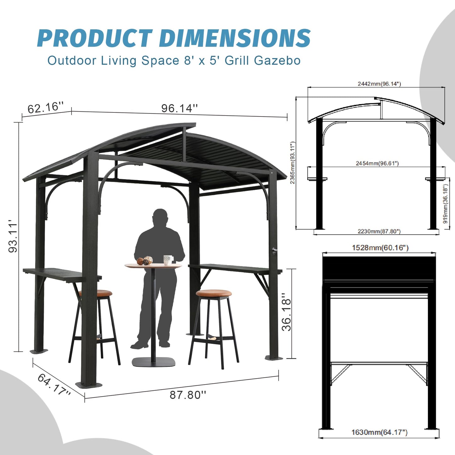 8x5FT Arc Roof, Grill Canopy for Outdoor Grill w/Double Galvanized Steel Roof and 2 Side Shelves, BBQ Gazebo Grill Tent for Patio Garden Backyard, Grey