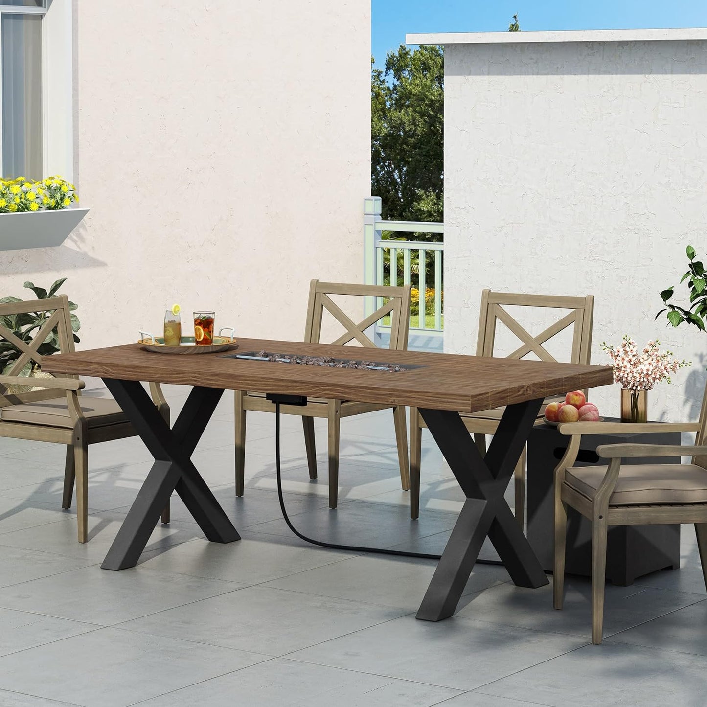 Coolbibila Outdoor Patio Propane Fire Pit Concrete Wood-Pattern Fire Table - 40, 000 BTU