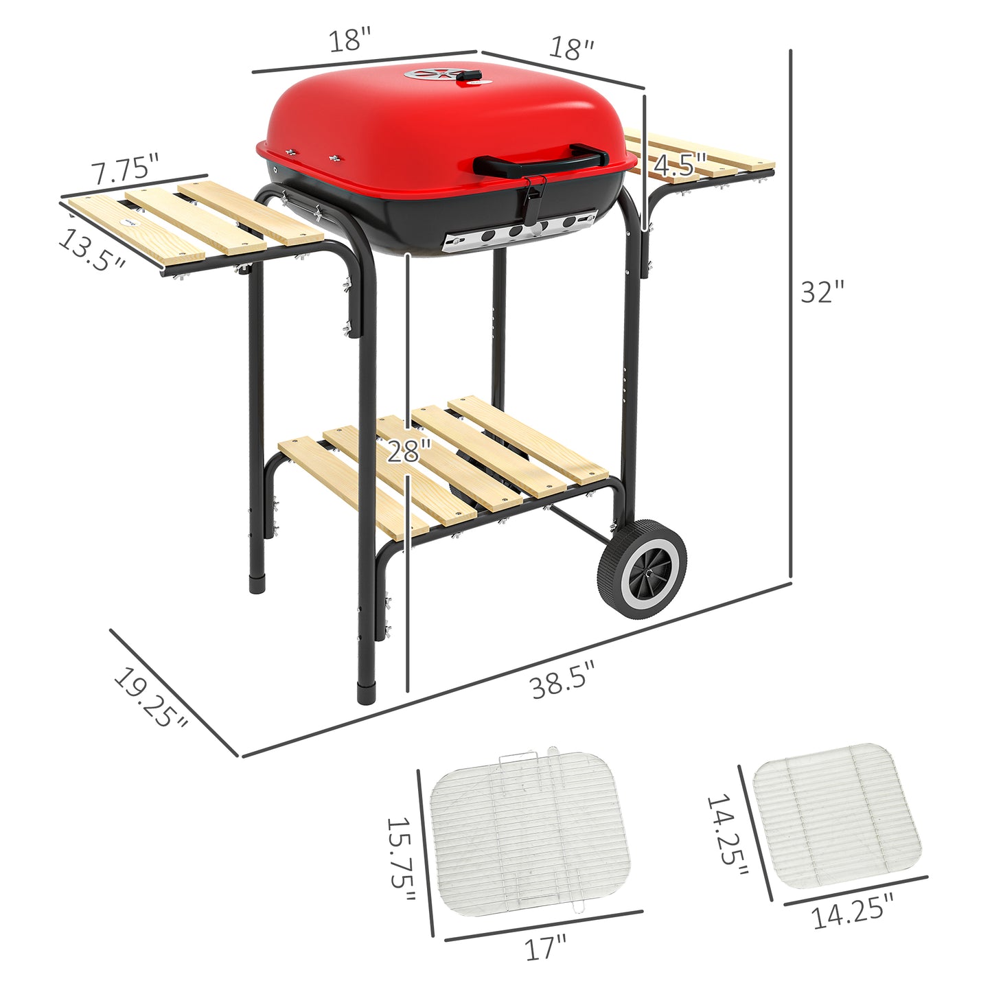 Coolbibila 17" Portable Charcoal Grill with Wheels, 2 Side Tables and Bottom Shelf