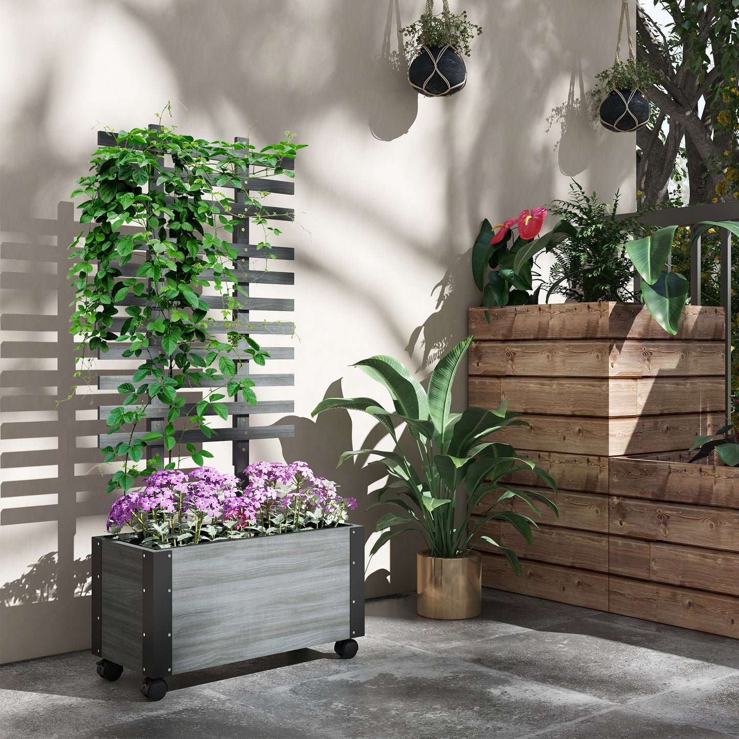 Coolbibila Raised Garden Bed with Trellis, 58" Outdoor Wooden Planter Box