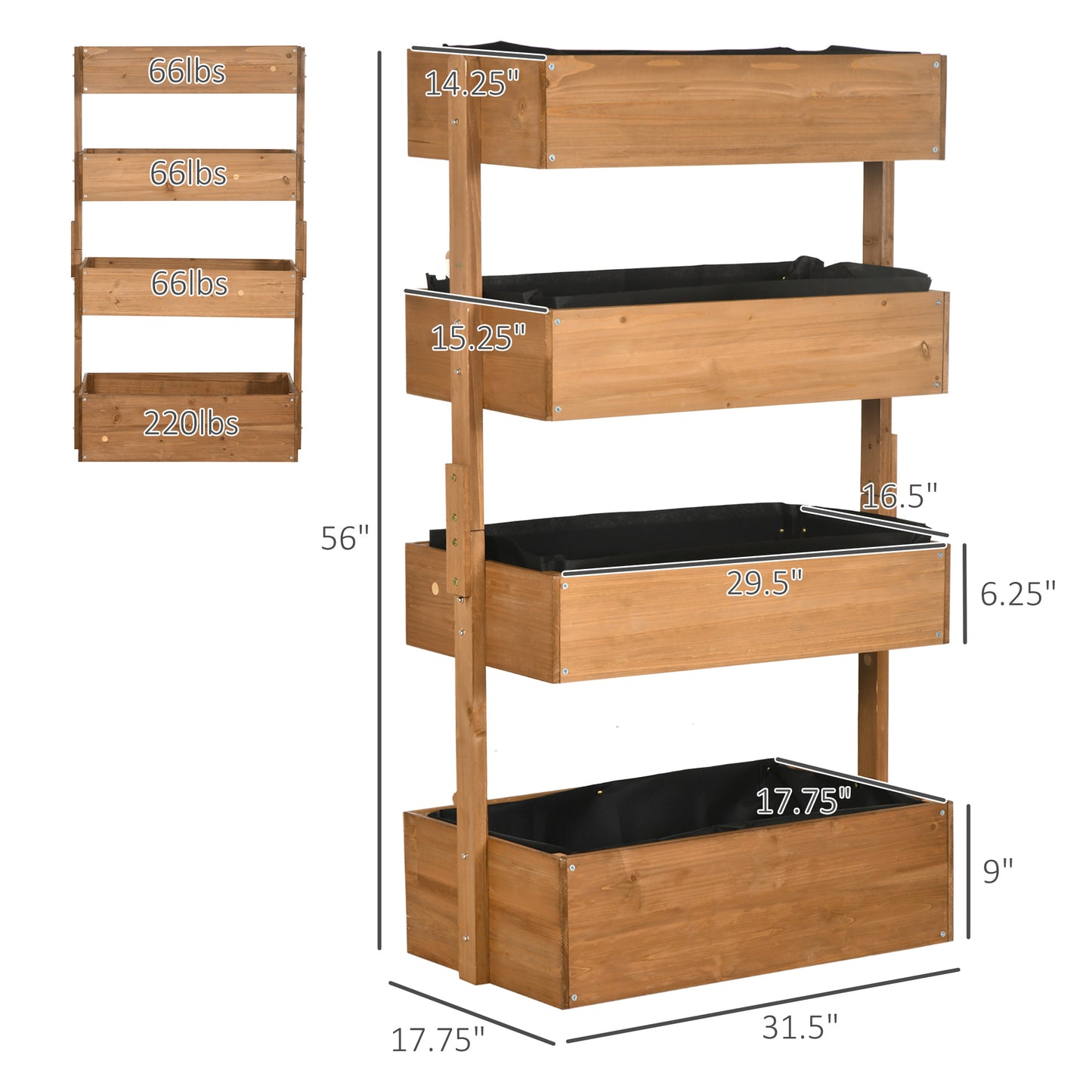Wooden 4 Tier Planter Box, Self-Draining with Non-Woven Fabric
