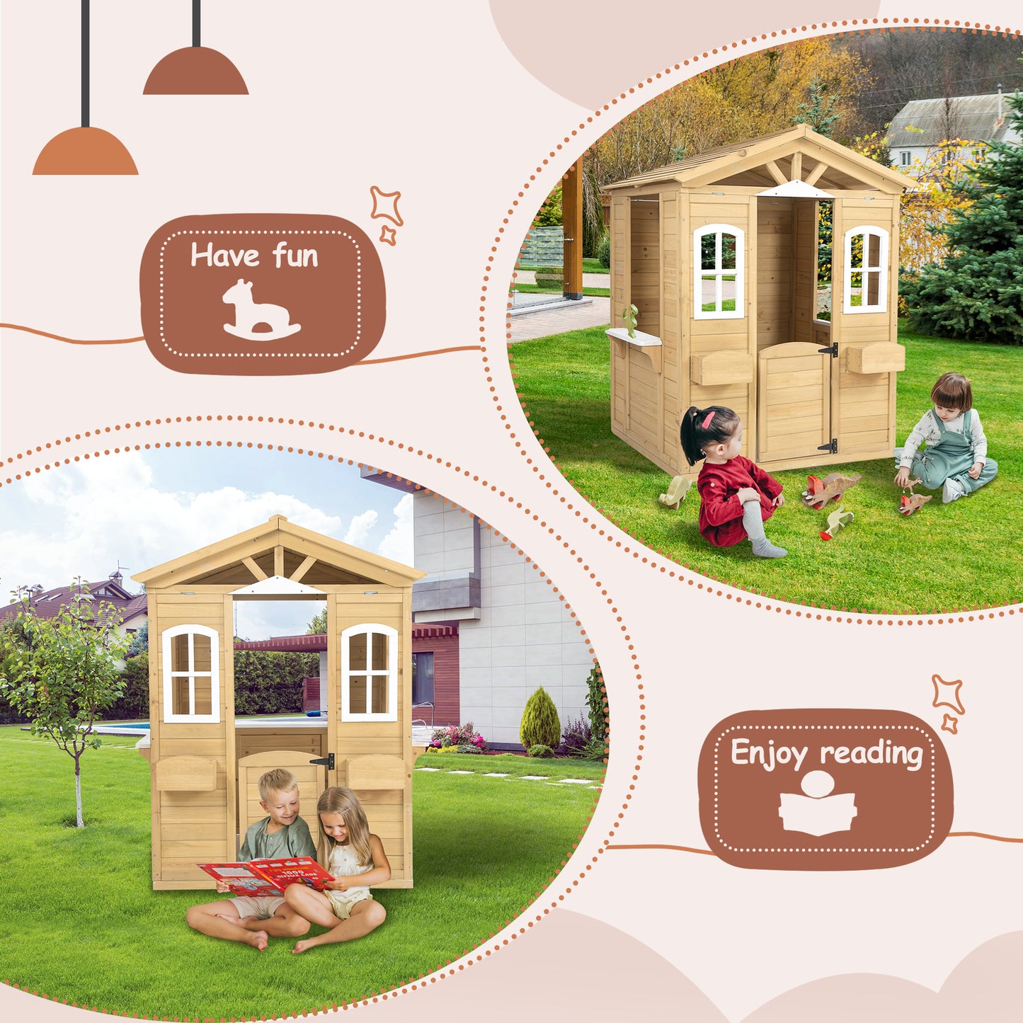 Wooden Playhouse for Kids Outdoor with Working Door, Windows, Mailbox, Flowers Pot Holder