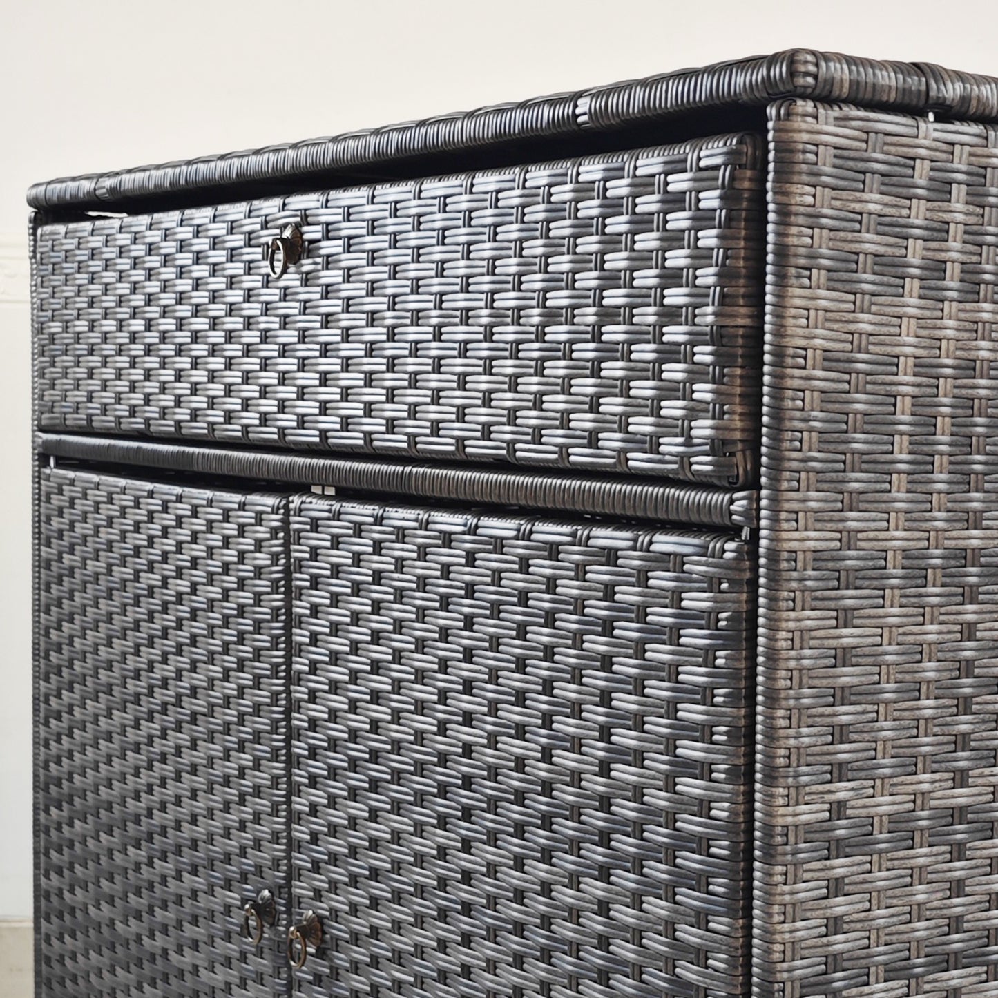 Coolbibila Outdoor Towel Rack & Pool Toy Cabinet, Hot Tub Accessory Storage, Freestanding PE Rattan Wicker Cabinet with Drawer
