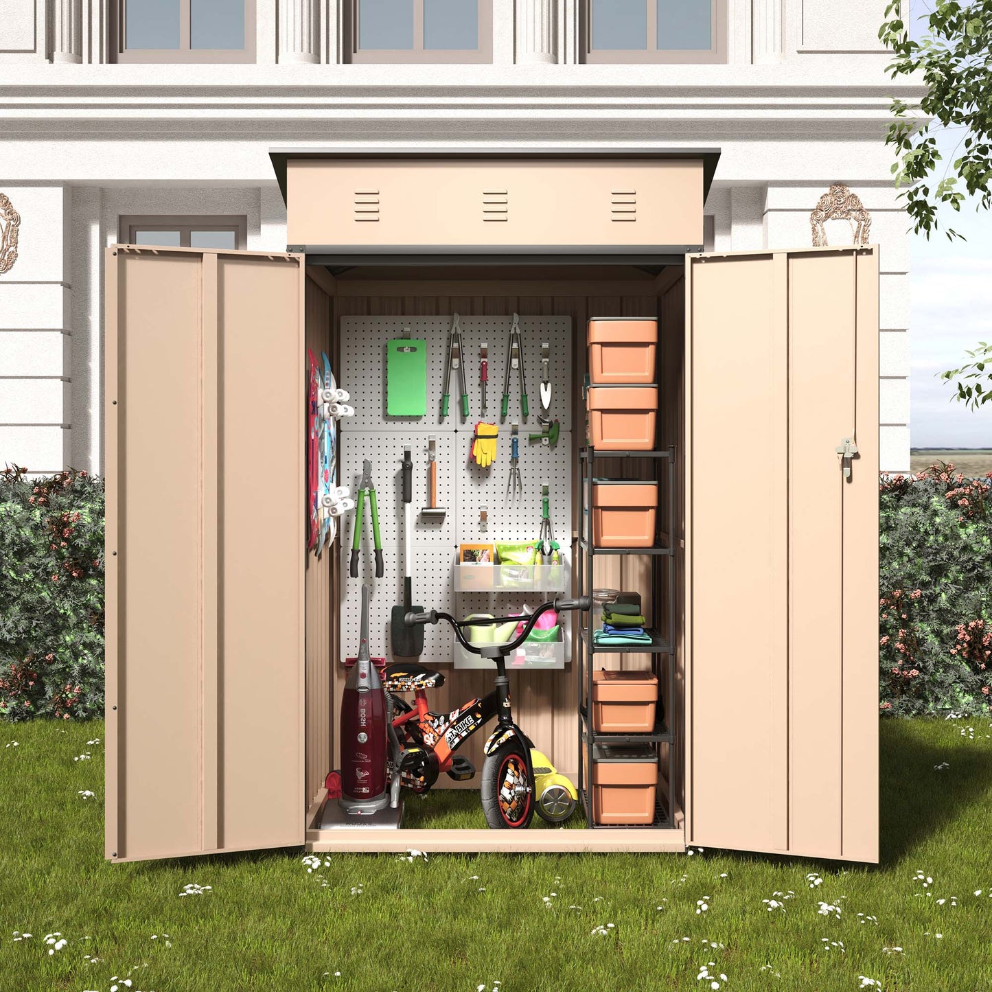 6x4x3 FT Outdoor Storage Shed, Steel Metal Lockable Garden Shed, Tiny House, Utility Shed, Lean-to Shed & Outdoor Storage, Waterproof Backyard Shed with Door for Bike, Tools, Lawnmower