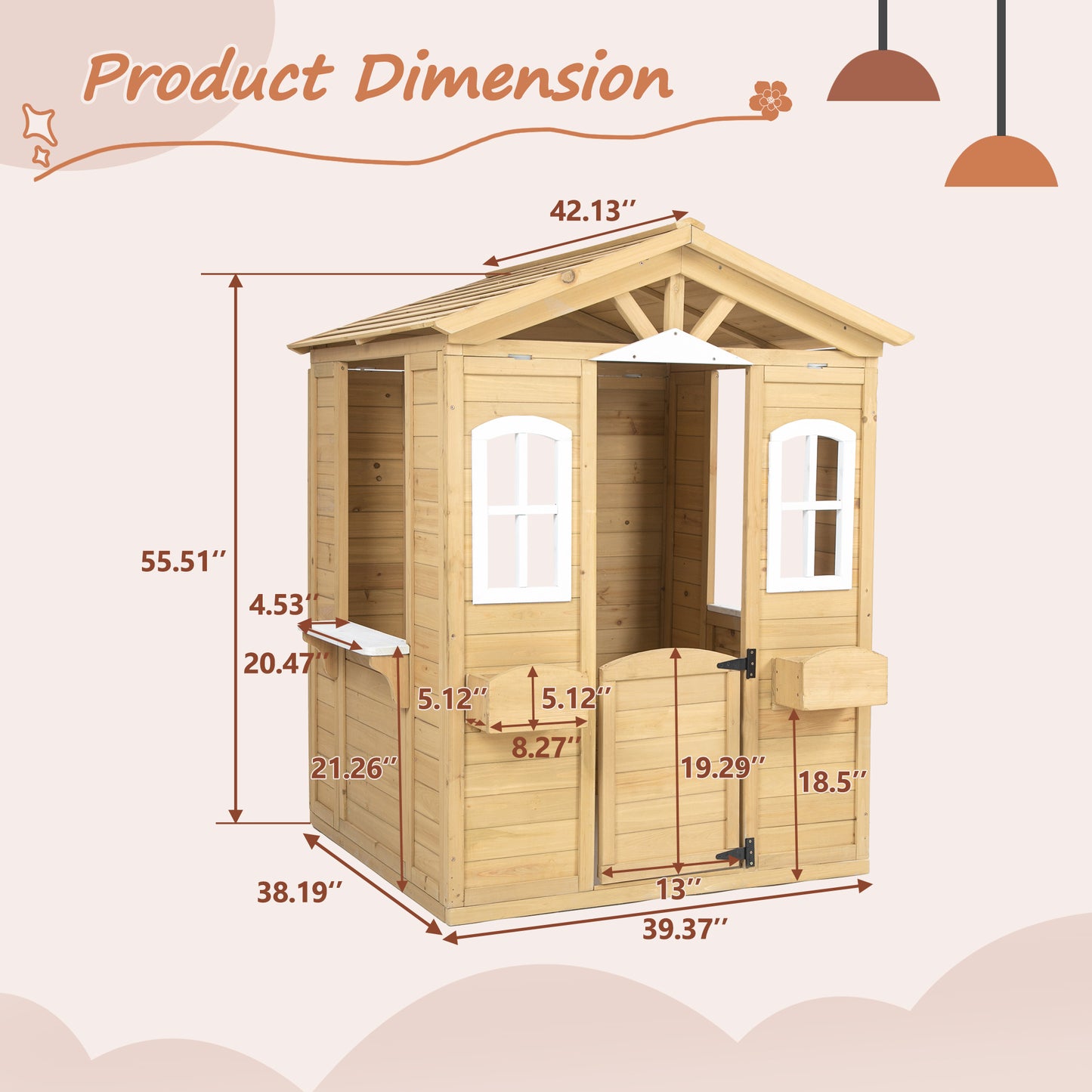 Wooden Playhouse for Kids Outdoor with Working Door, Windows, Mailbox, Flowers Pot Holder