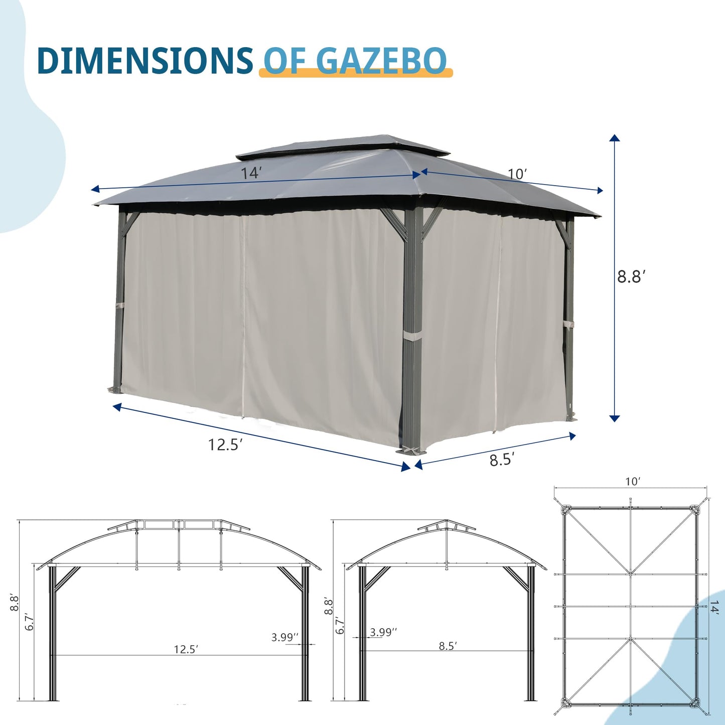 Gazebo 10x14FT, Outdoor Gazebo with Double Roofs, Privacy Curtains, Mosquito Nettings, Heavy Duty Metal Frame Party Tent Canopy for Patio, Backyard, Deck, Lawn, Grey