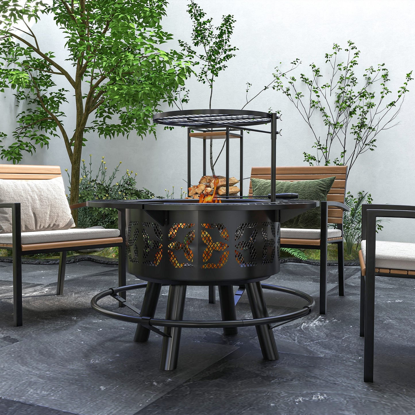 Coolbibila 2-in-1 Fire Pit, BBQ Grill, 33" Portable Wood Burning Firepit