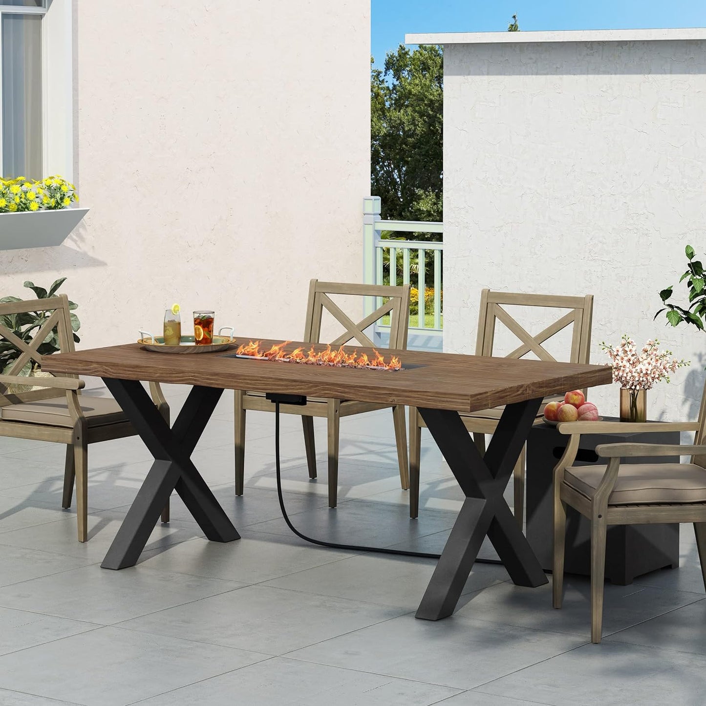 Coolbibila Outdoor Patio Propane Fire Pit Concrete Wood-Pattern Fire Table - 40, 000 BTU