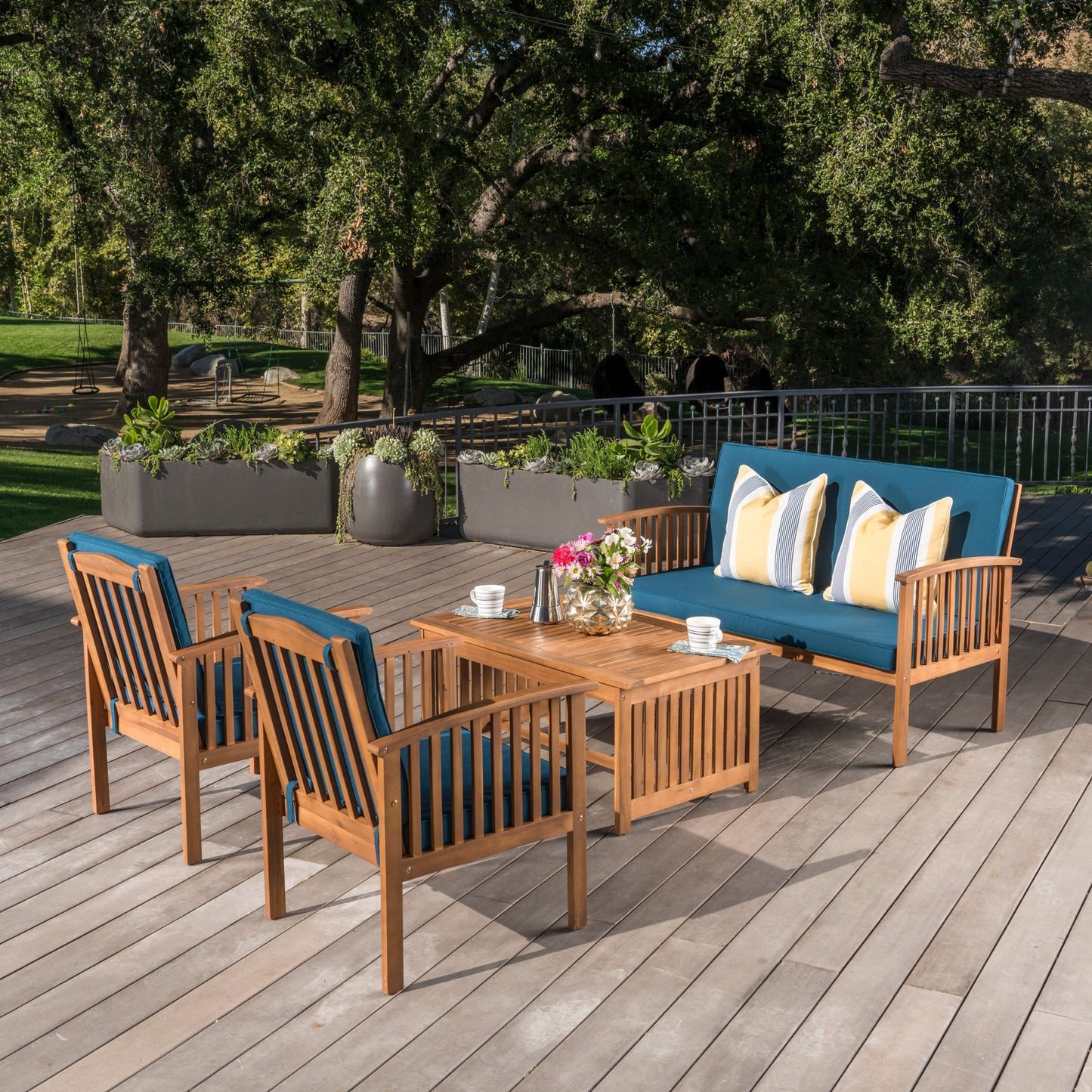 Coolbibila Outdoor Acacia Wood Sofa Set with Water Resistant Cushions, 4-Pcs Set