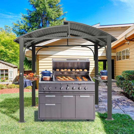 8x5FT Arc Roof, Grill Canopy for Outdoor Grill w/Double Galvanized Steel Roof and 2 Side Shelves, BBQ Gazebo Grill Tent for Patio Garden Backyard, Grey