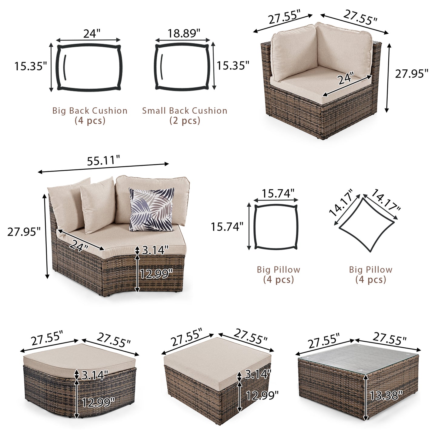 Coolbibila 8-piece Outdoor Wicker Sofa Set, Rattan Sofa Lounge