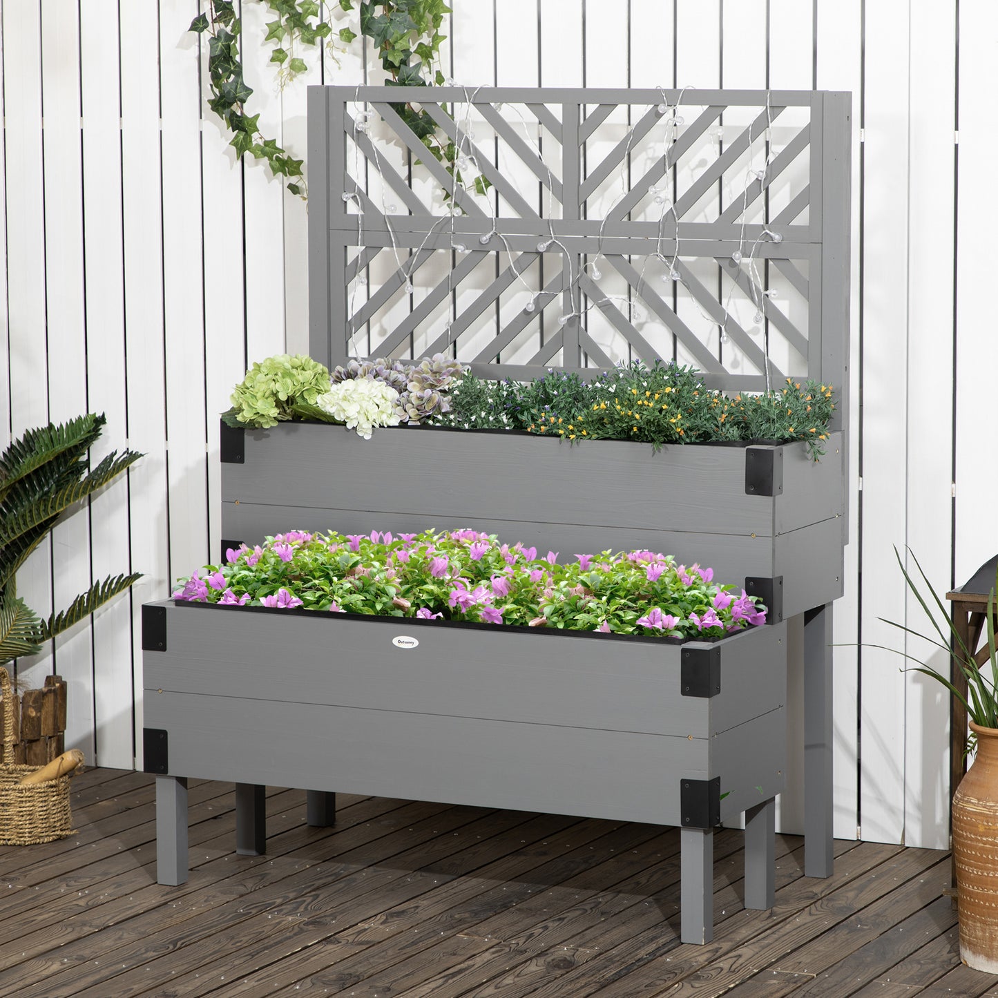 Coolbibila Raised Garden Bed with Trellis, 2 Tier Wooden Elevated Planter Box