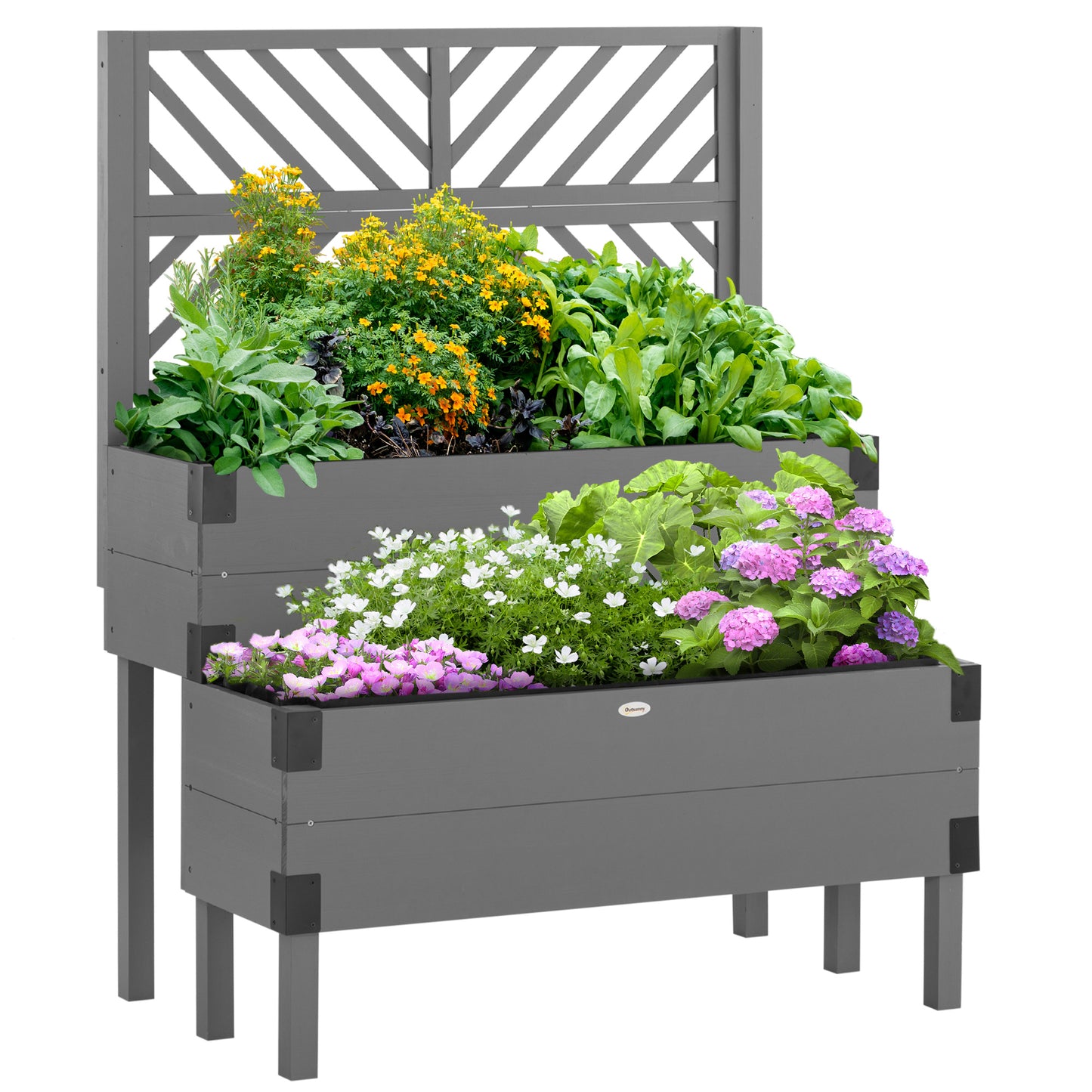 Coolbibila Raised Garden Bed with Trellis, 2 Tier Wooden Elevated Planter Box