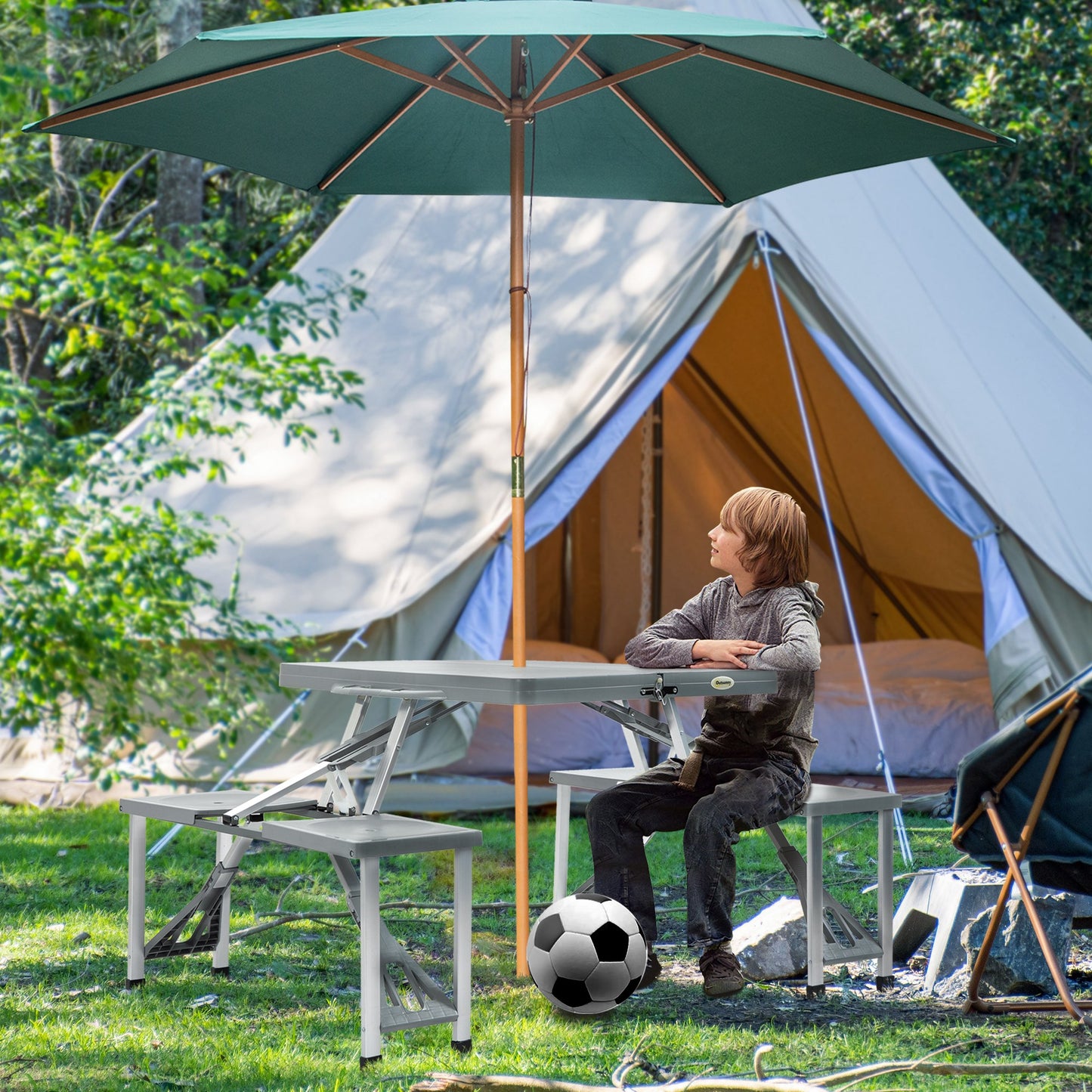 Coolbibila Folding Picnic Table with Seats and Umbrella Hole, Portable Camping Chairs Set