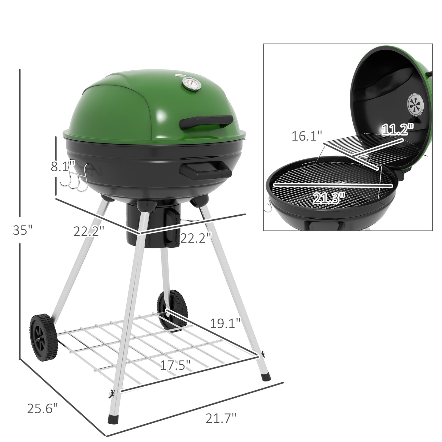 Coolbibila 21" Kettle Charcoal BBQ Grill Trolley with 360 sq.in. Cooking Area