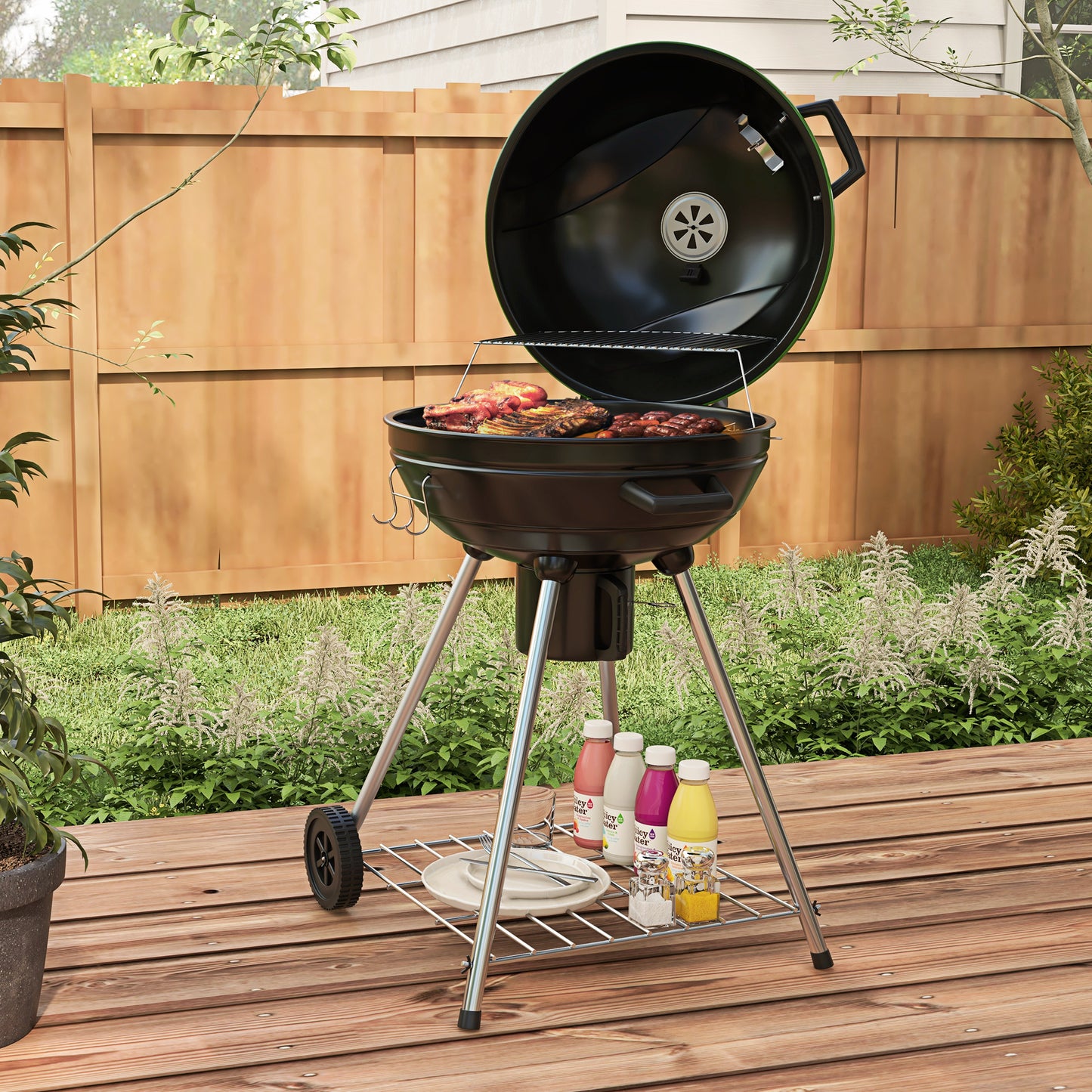 Coolbibila 21" Kettle Charcoal BBQ Grill Trolley with 360 sq.in. Cooking Area