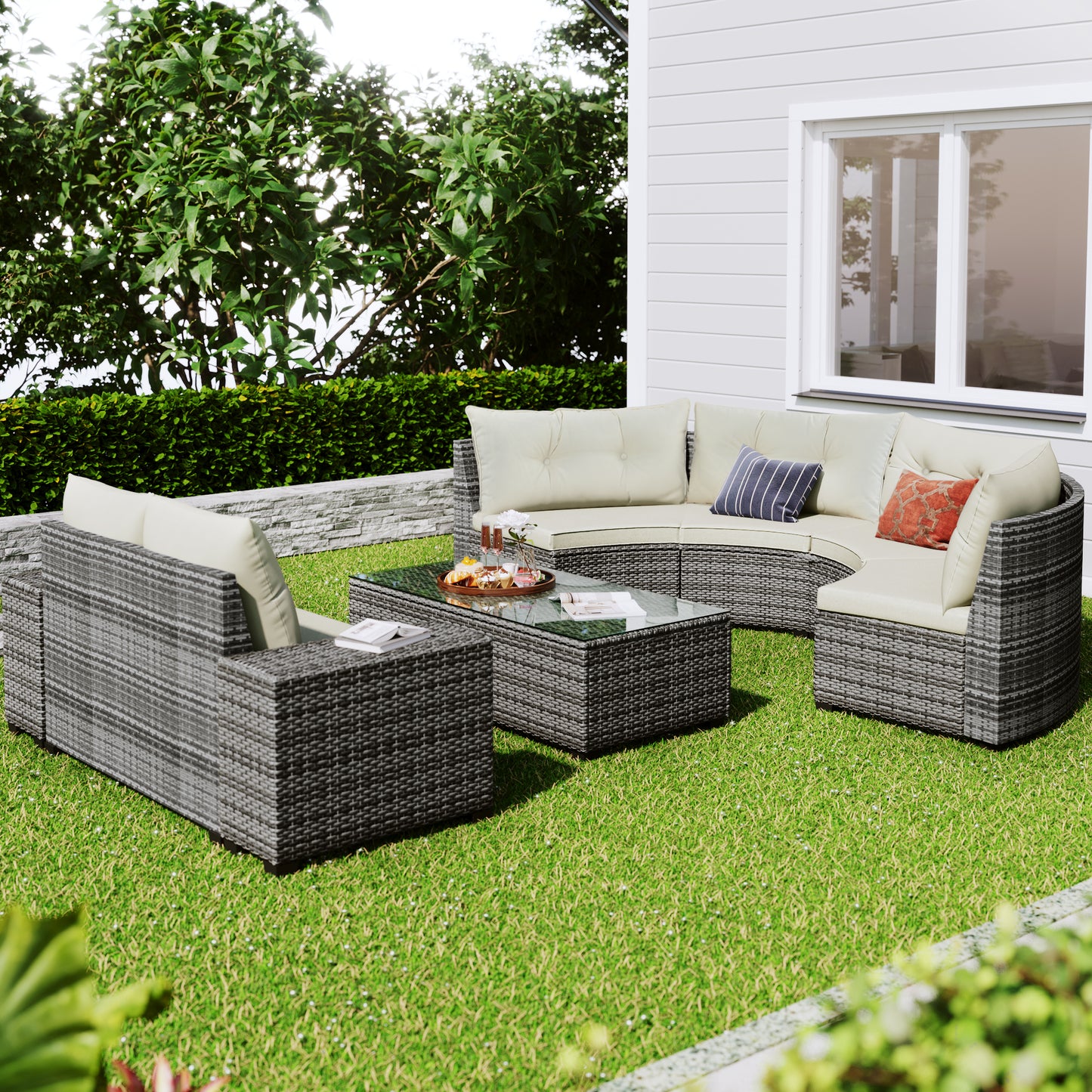 Coolbibila 8-pieces Outdoor Wicker Round Sofa Set, Half-Moon Sectional Sets