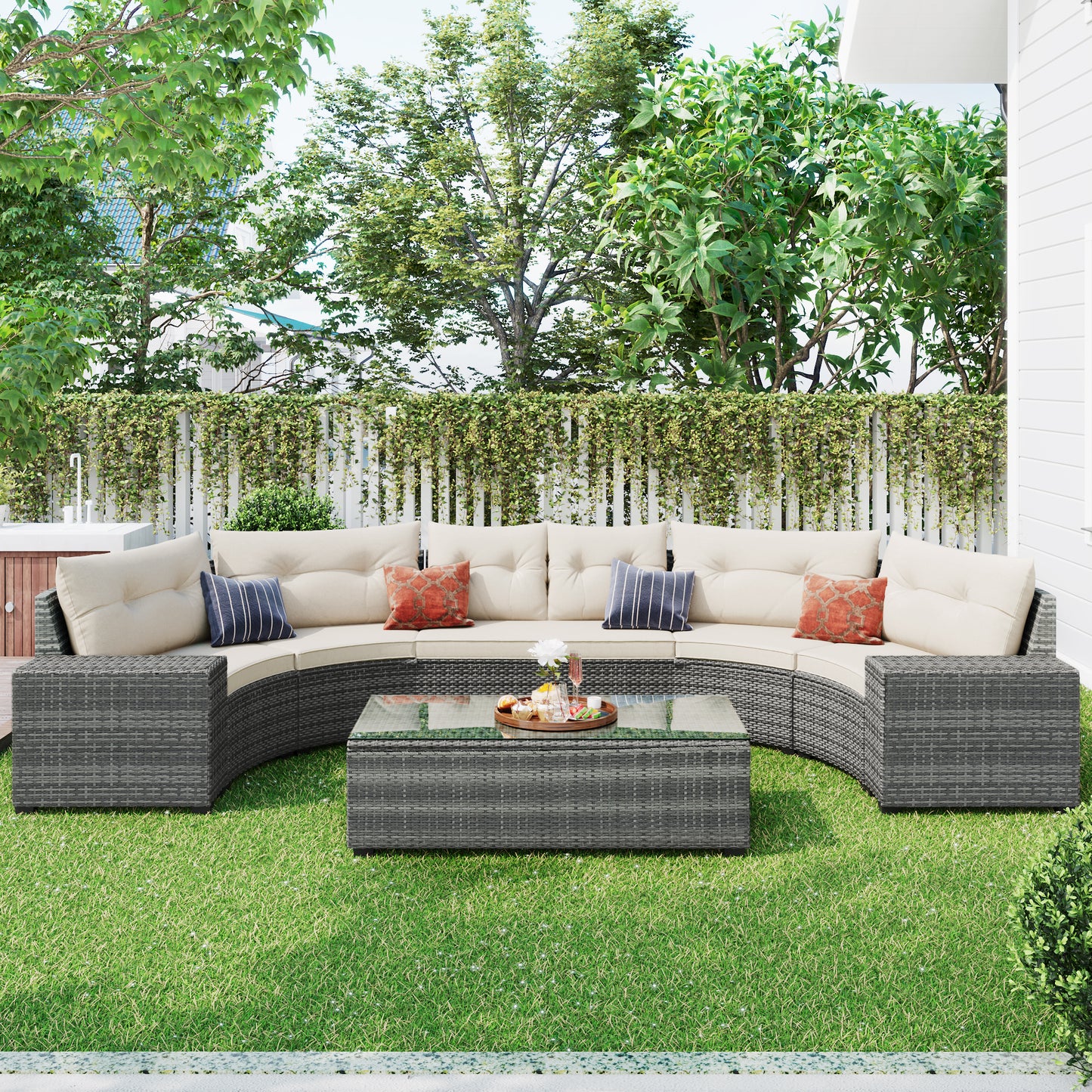 Coolbibila 8-pieces Outdoor Wicker Round Sofa Set, Half-Moon Sectional Sets