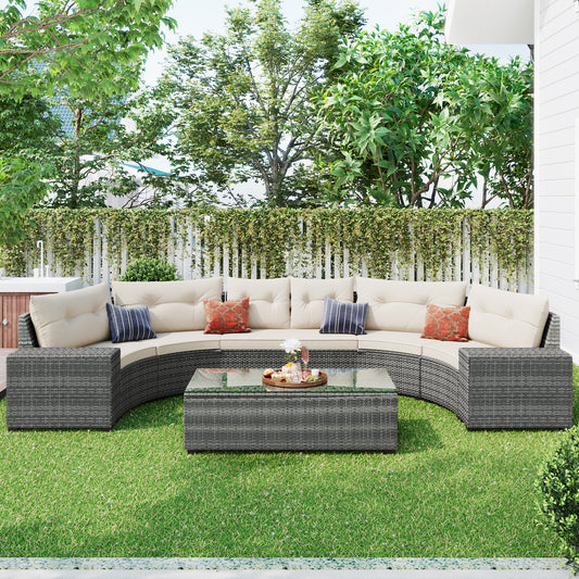Coolbibila 8-pieces Outdoor Wicker Round Sofa Set, Half-Moon Sectional Sets