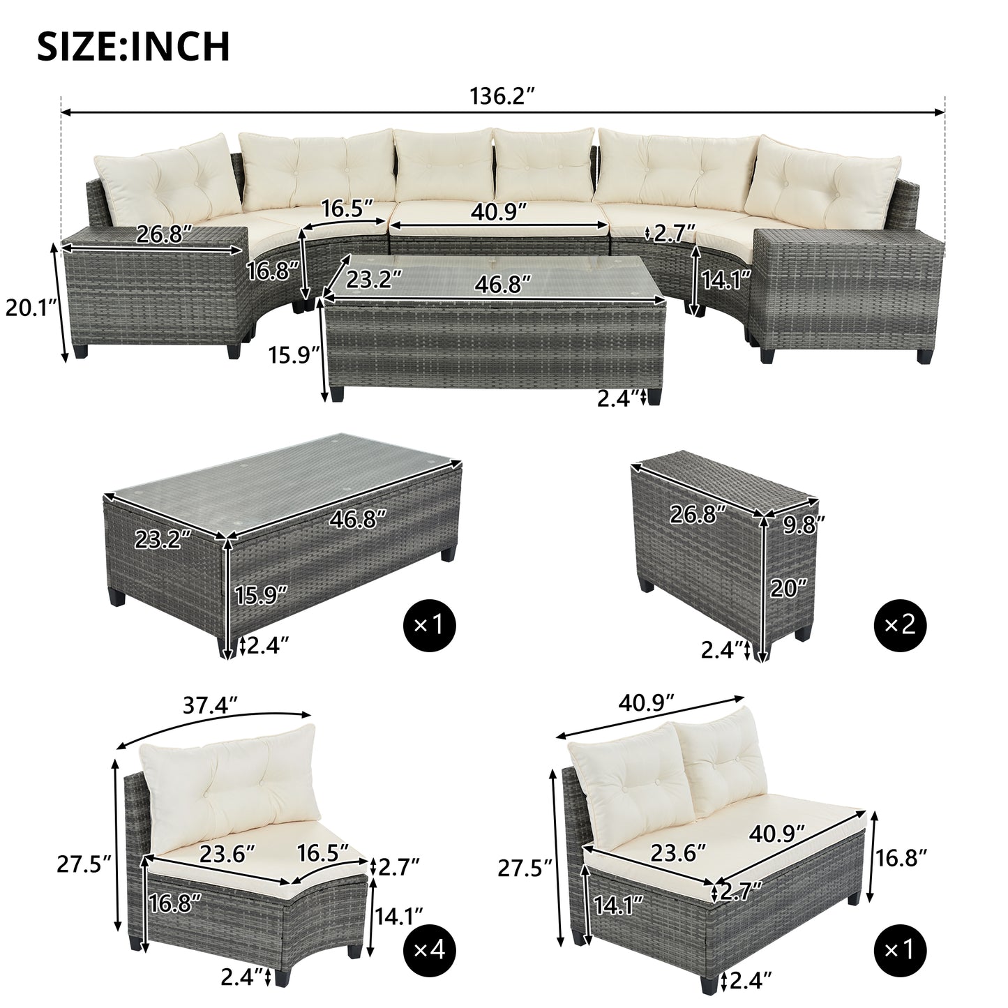 Coolbibila 8-pieces Outdoor Wicker Round Sofa Set, Half-Moon Sectional Sets