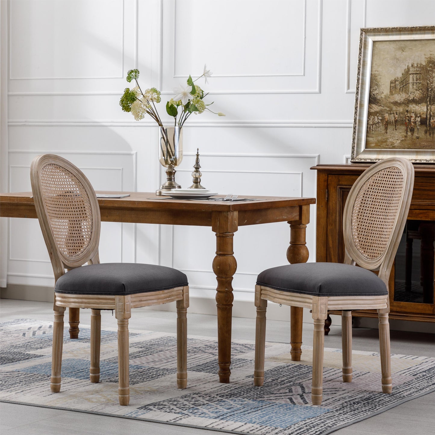 Coolbibila French Style Solid Wood Frame Linen Fabric Rattan Back Dining Chair