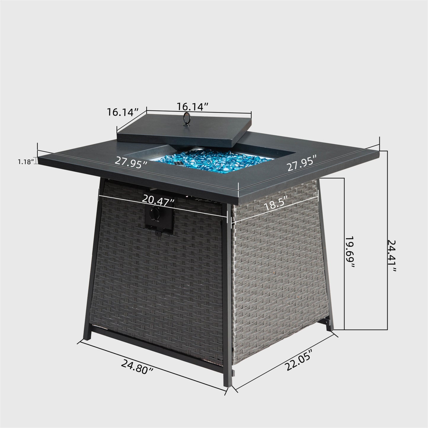 Coolbibila 32 Inch Propane Fire Pits Table with Blue Glass Ball,50,000 BTU Outdoor Wicker Fire Table