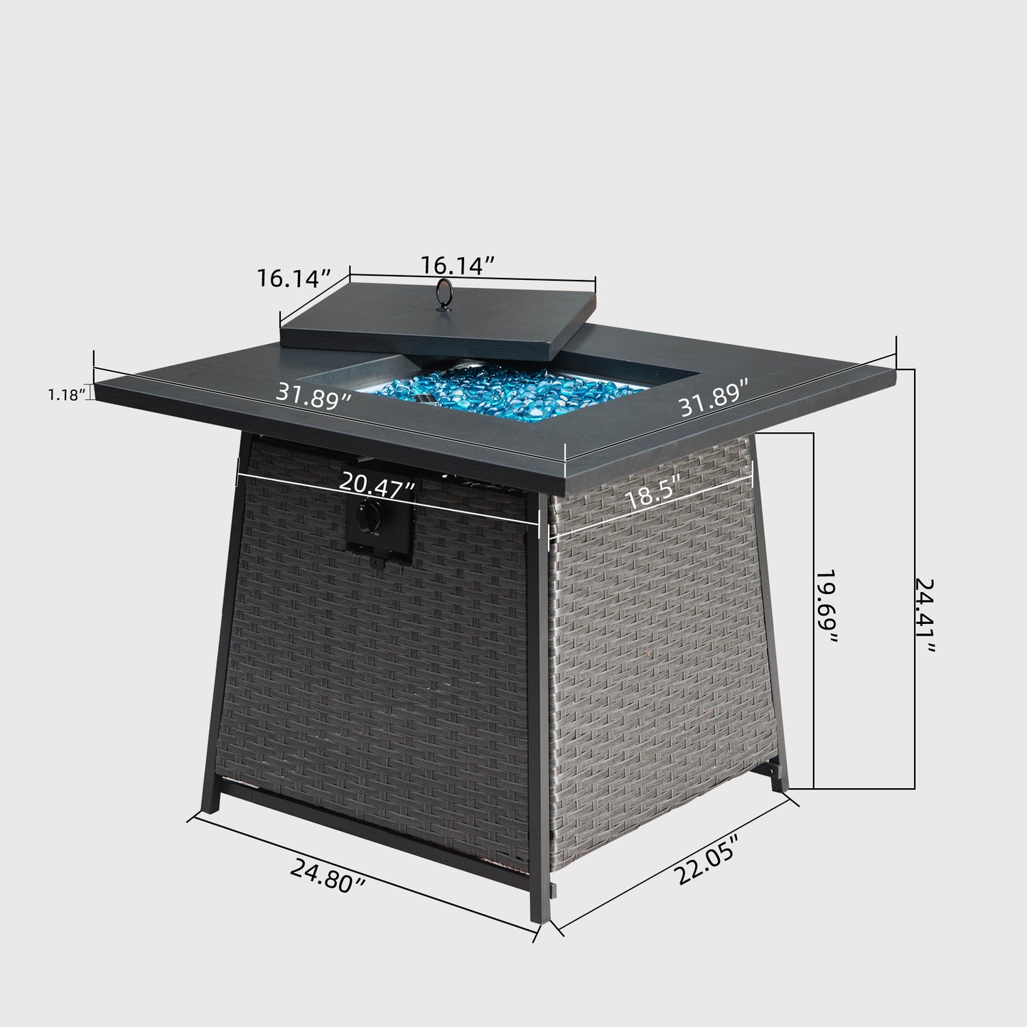 Coolbibila 32 Inch Propane Fire Pits Table with Blue Glass Ball,50,000 BTU Outdoor Wicker Fire Table