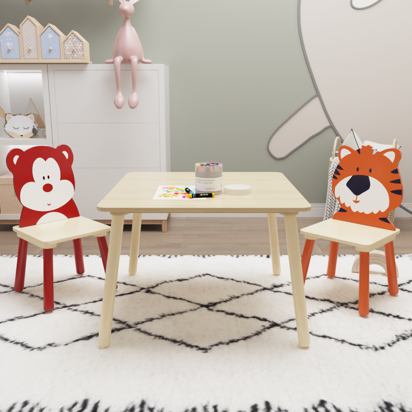 Coolbibila Kids Table and 2 Chairs Set, 3 Pieces Toddler Table and Chair Set, Wooden Activity Play Table Set