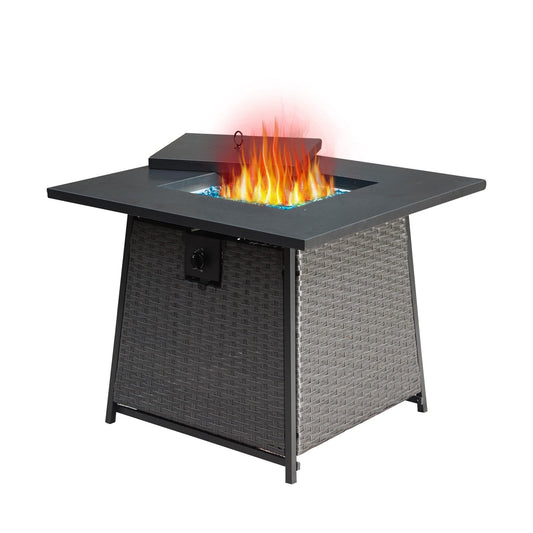 Coolbibila 32 Inch Propane Fire Pits Table with Blue Glass Ball,50,000 BTU Outdoor Wicker Fire Table