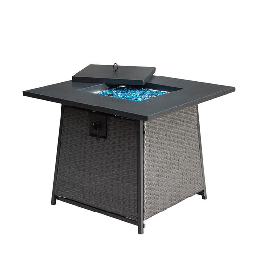 Coolbibila 32 Inch Propane Fire Pits Table with Blue Glass Ball,50,000 BTU Outdoor Wicker Fire Table