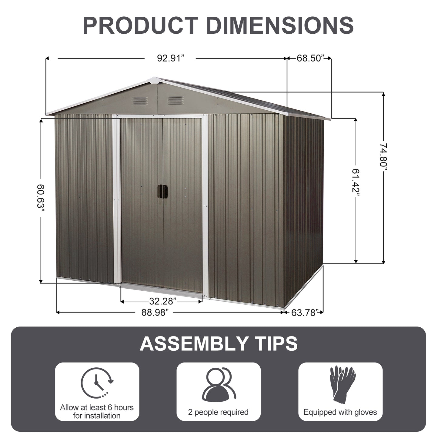 8ft x 6ft Outdoor Metal Storage Shed with Floor Base,Gray(SKU: W540S00012)