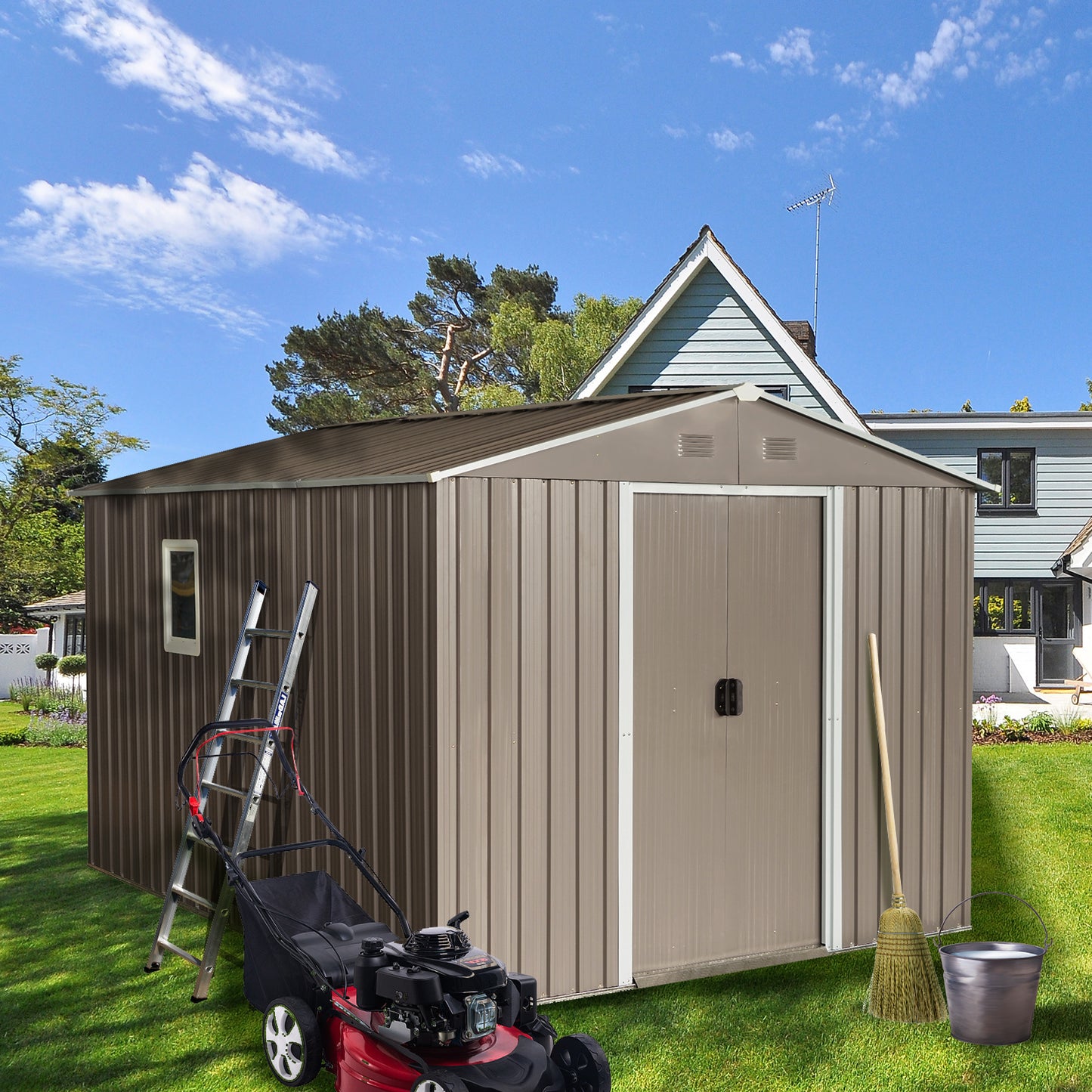8ft x 10ft Outdoor Metal Storage Shed with Metal Floor Base,with Window,Grey(W540S00017)