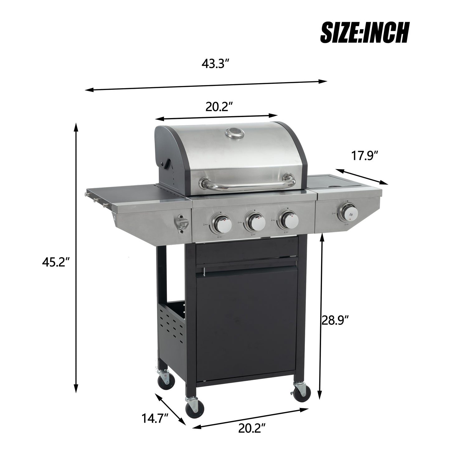 Propane Grill 3 Burner Barbecue Grill Stainless Steel Gas Grill with Side Burner and Thermometer for Outdoor BBQ, Camping