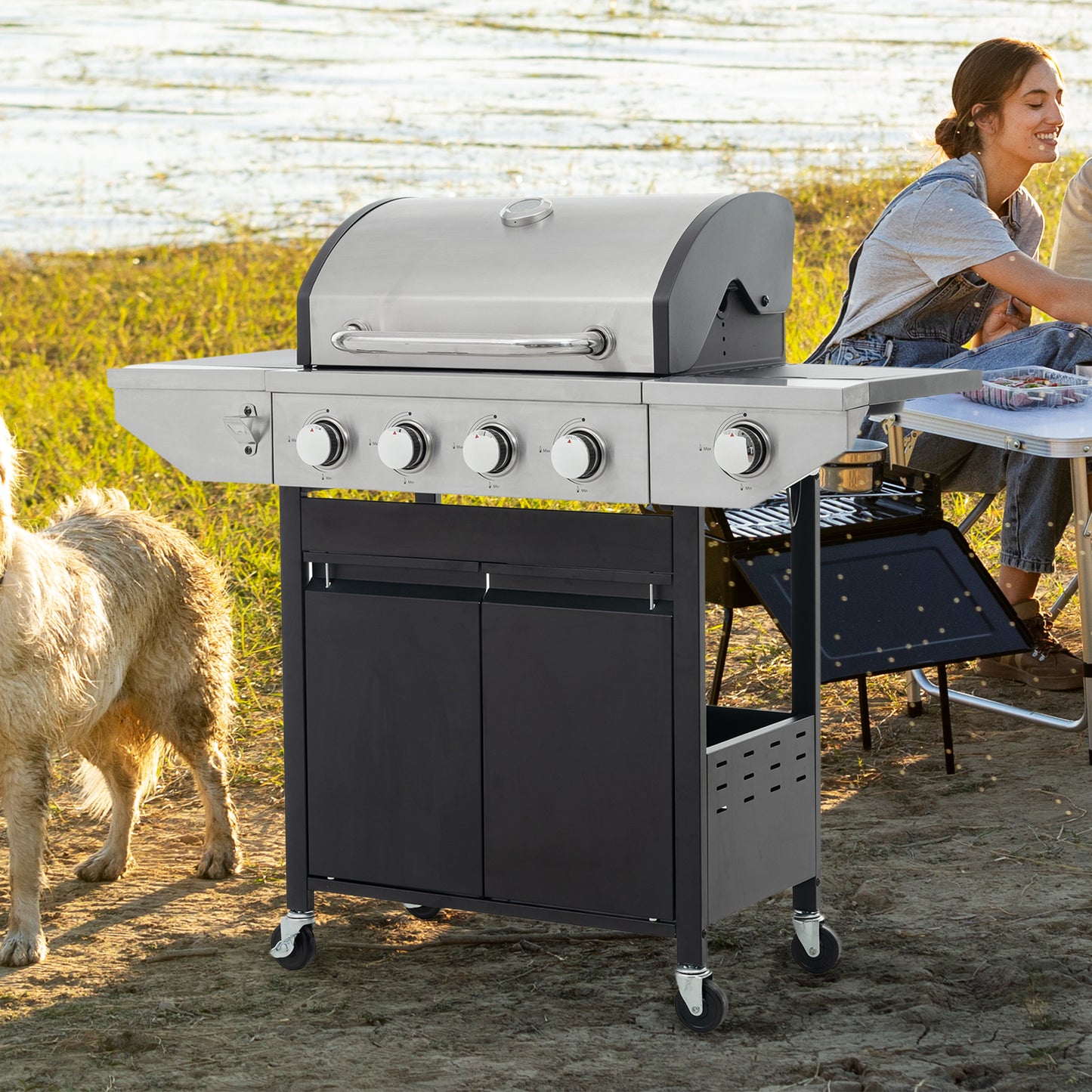 Propane Grill 4 Burner Barbecue Grill Stainless Steel Gas Grill with Side Burner and Thermometer for Outdoor BBQ, Camping
