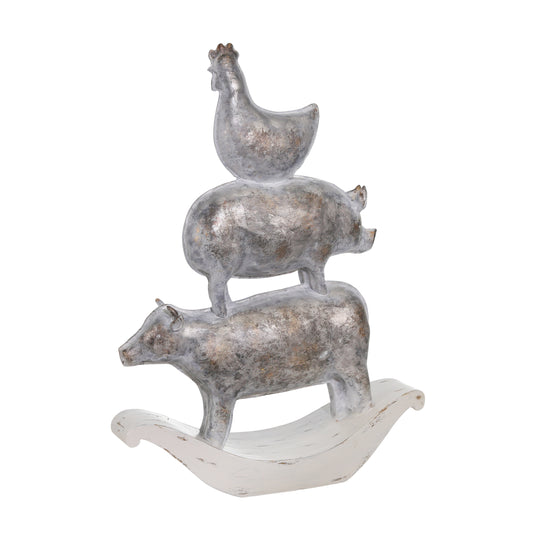 Decorative Polyresin Sculpture with Stacked Animals, White and Bronze