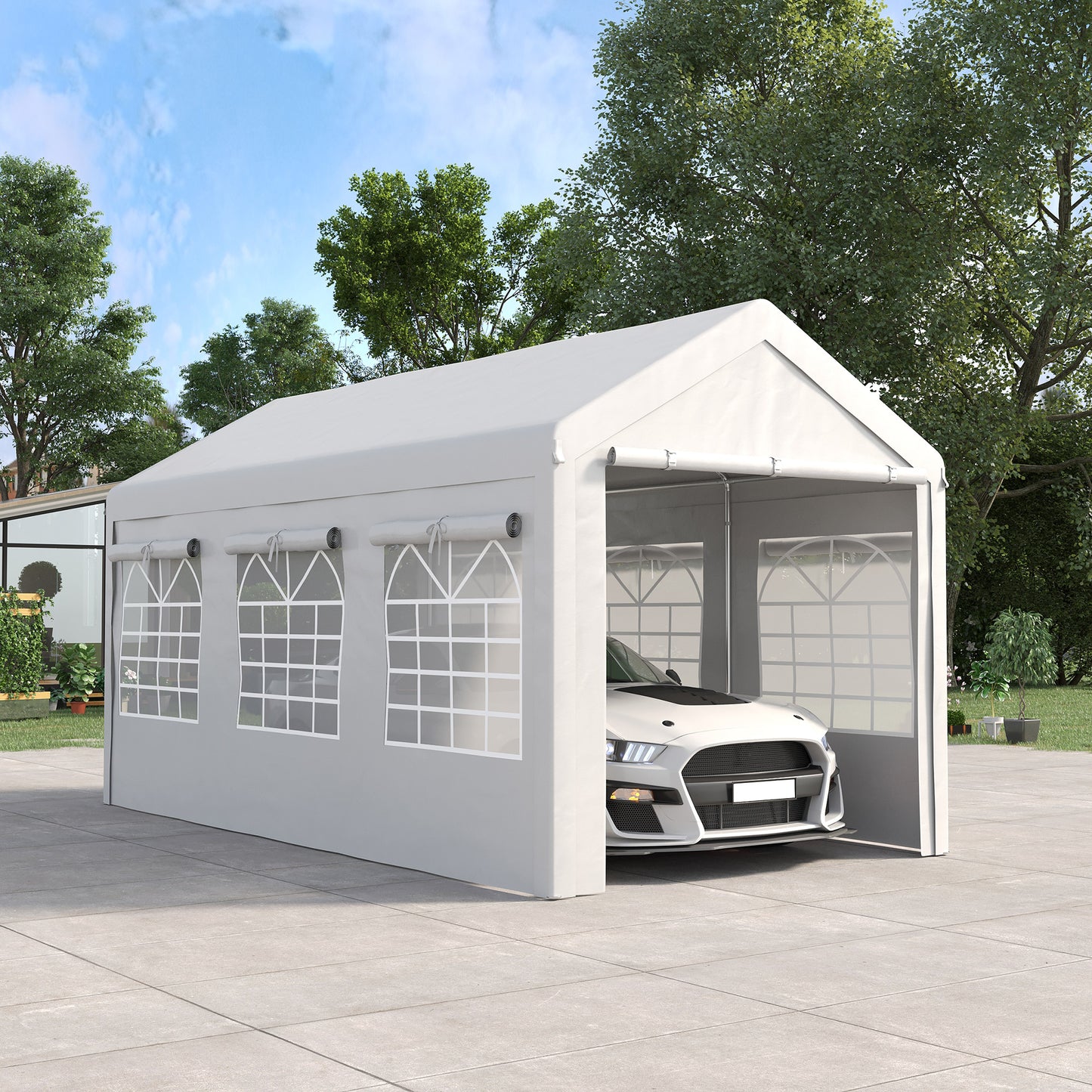 10' x 20' Party Tent and Carport, Height Adjustable Portable Garage, Outdoor Canopy Tent 8 Legs with Sidewalls for Car, Truck, Boat, Motorcycle, Bike, Garden Tools, White