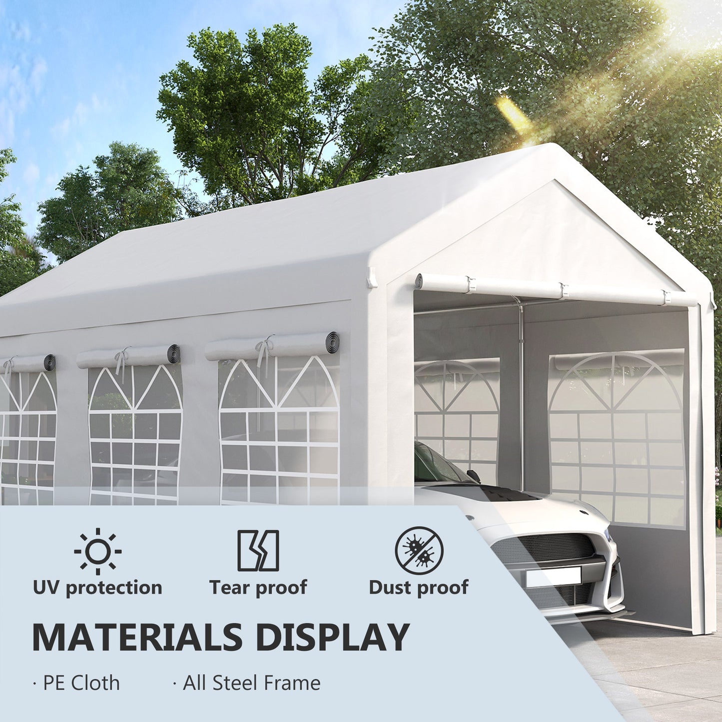 10' x 20' Party Tent and Carport, Height Adjustable Portable Garage, Outdoor Canopy Tent 8 Legs with Sidewalls for Car, Truck, Boat, Motorcycle, Bike, Garden Tools, White