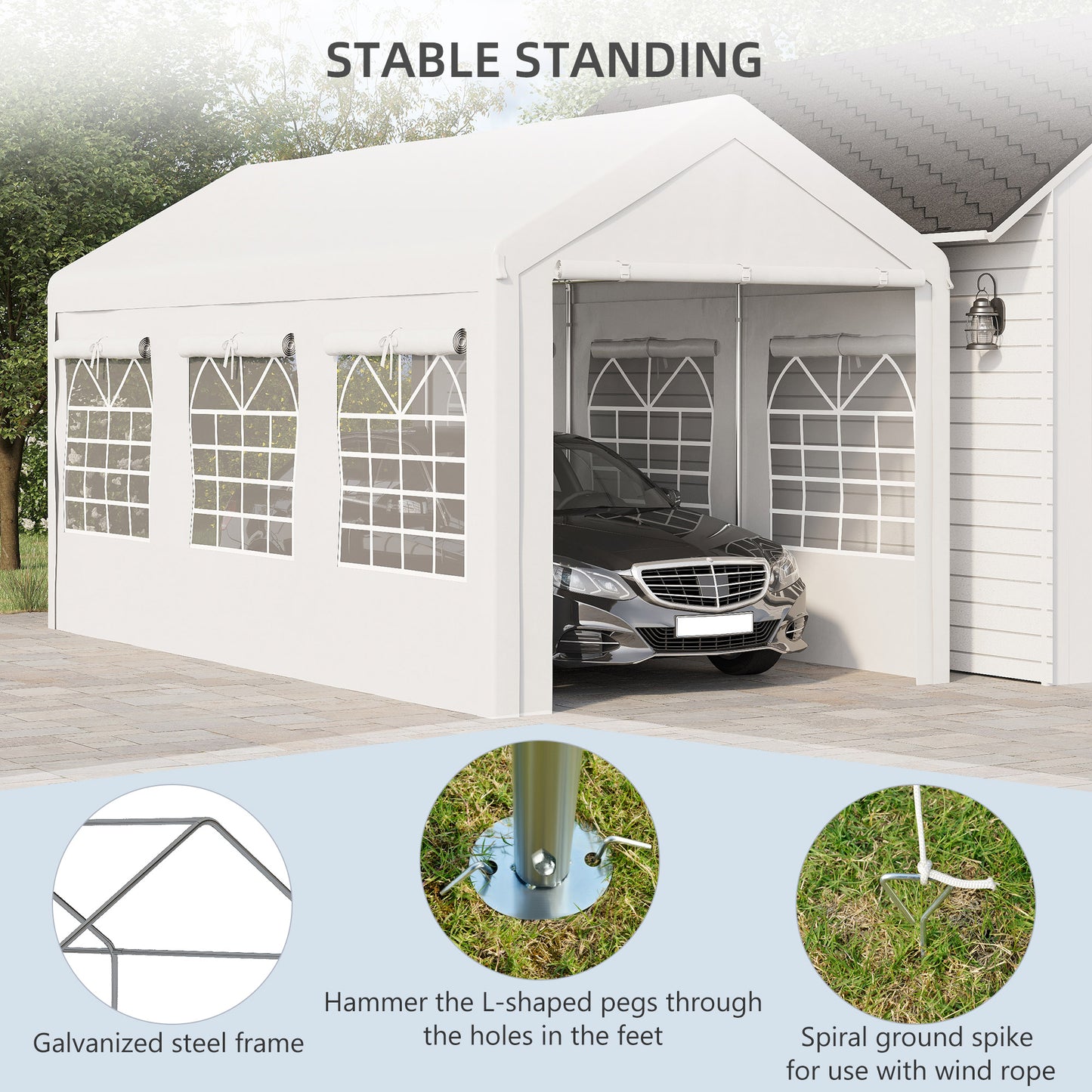 10' x 20' Party Tent and Carport, Height Adjustable Portable Garage, Outdoor Canopy Tent 8 Legs with Sidewalls for Car, Truck, Boat, Motorcycle, Bike, Garden Tools, White