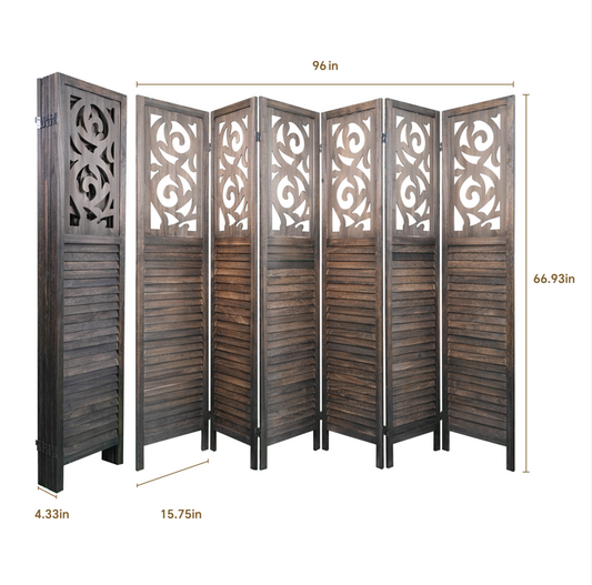 Coolbibila 6 Panel Room Dividers, 6FT Carved Wood Room Divider Partition Room Dividers Wall Wooden Carved Folding Privacy Screens