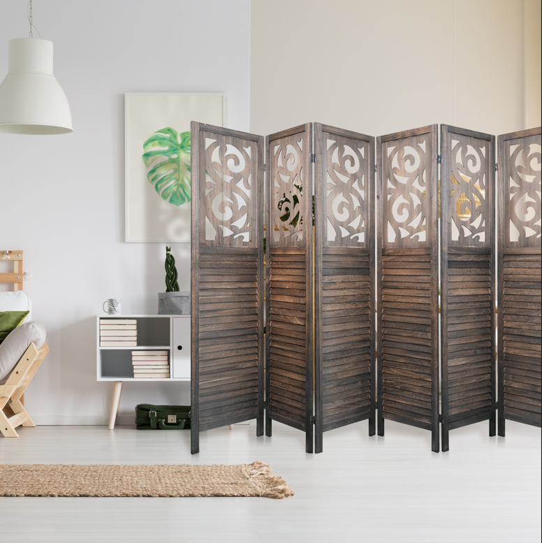 Coolbibila 6 Panel Room Dividers, 6FT Carved Wood Room Divider Partition Room Dividers Wall Wooden Carved Folding Privacy Screens