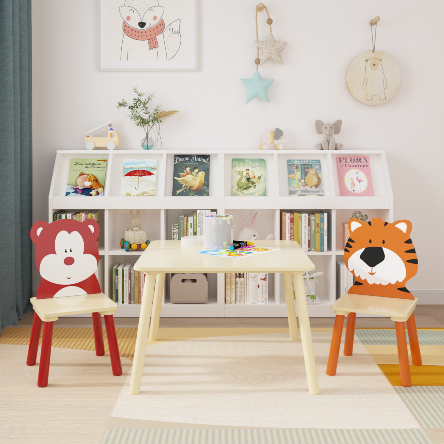 Coolbibila Kids Table and 2 Chairs Set, 3 Pieces Toddler Table and Chair Set, Wooden Activity Play Table Set