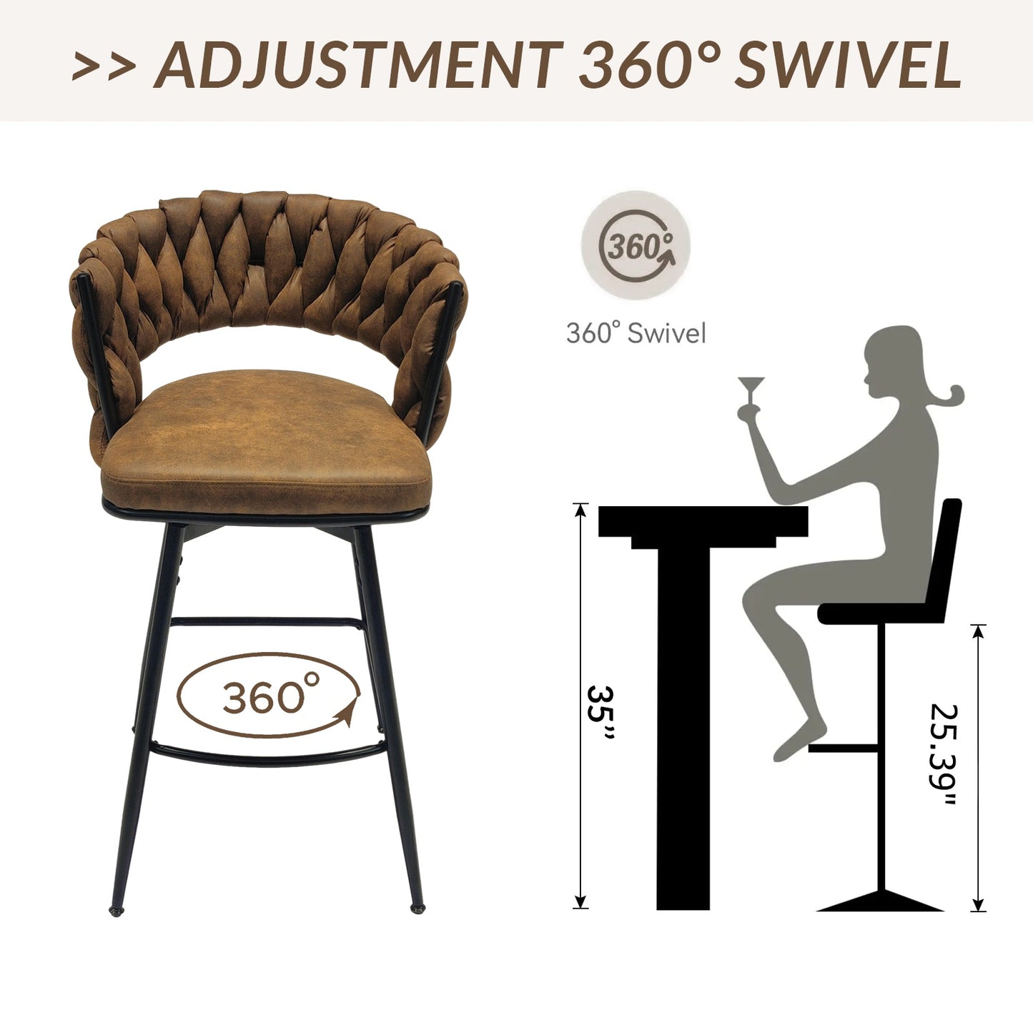 Coolbibila Technical Leather Woven Bar Stool Set of 2