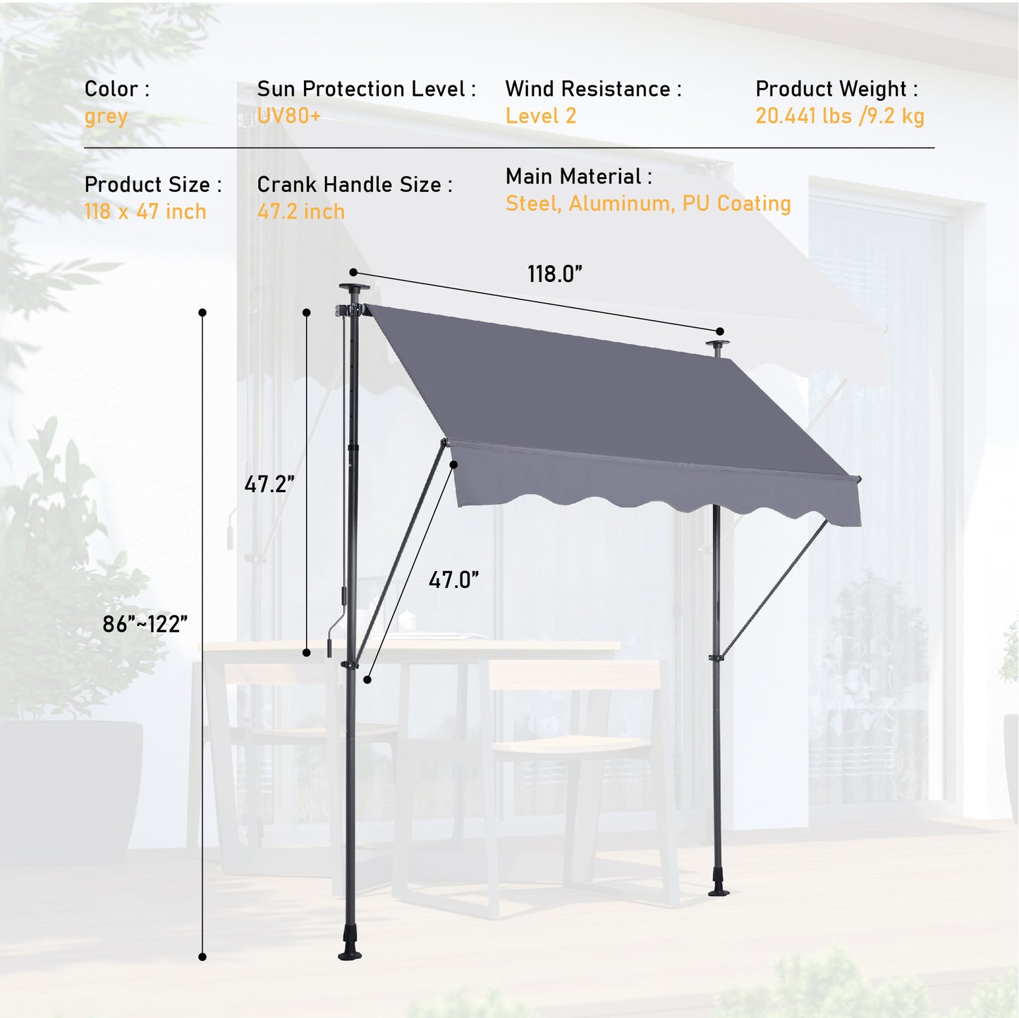 Manual Retractable Awning-118'' Non-Screw Outdoor Sun Shade Cover with UV Protection – 100% Polyester Made Outdoor Canopy Adjustable Patio Door Window Awning Canopy Sun Shade Curtain for Backyard,Gay  WL