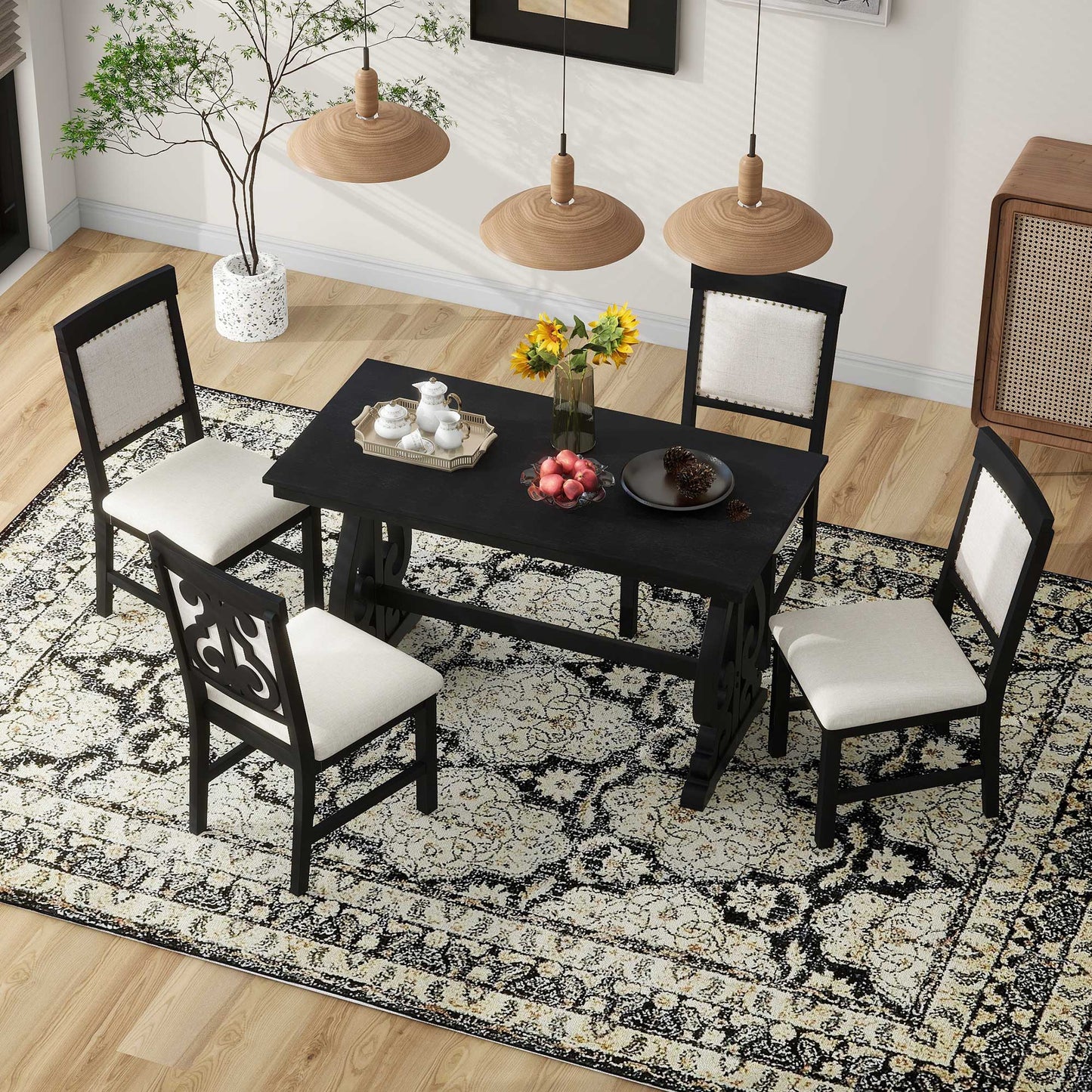 Coolbibila  5-Piece Retro Dining Set, Rectangular Wooden Dining Table