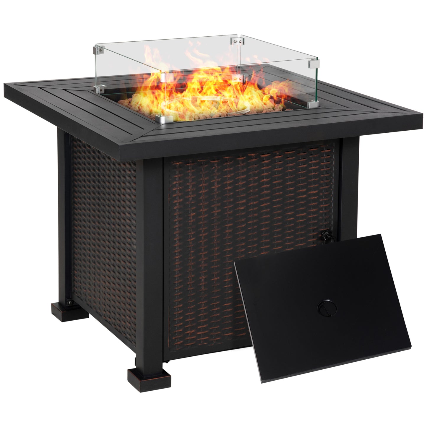 Coolbibila 34 Inch Outdoor Propane Gas Fire Pit Table, 50,000 BTU Auto-Ignition Square Wicker-effect Gas Firepit