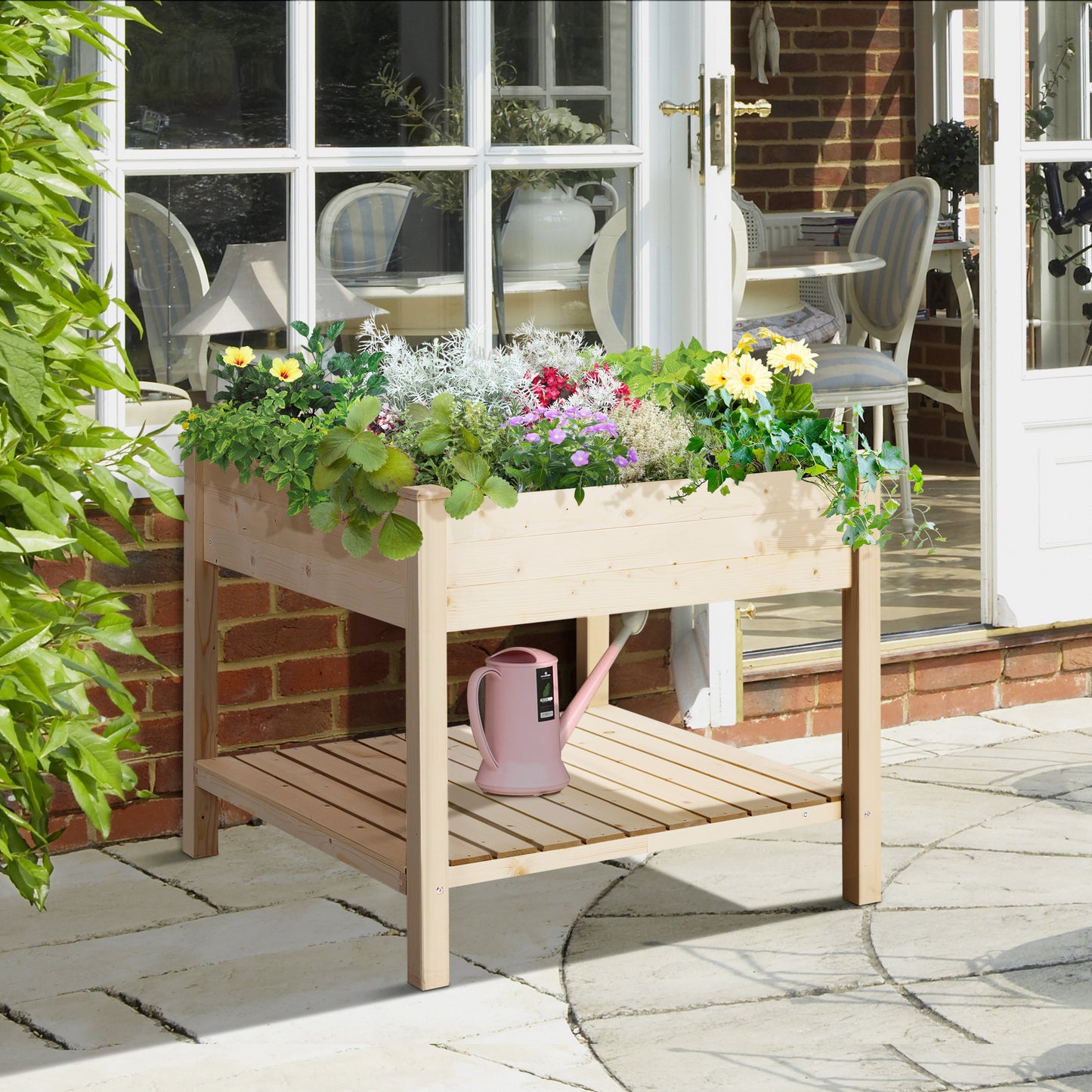 Coolbibila 36'' x 36'' Raised Garden Bed with Storage Shelf, 2 Tiers Elevated Wooden Planter Box